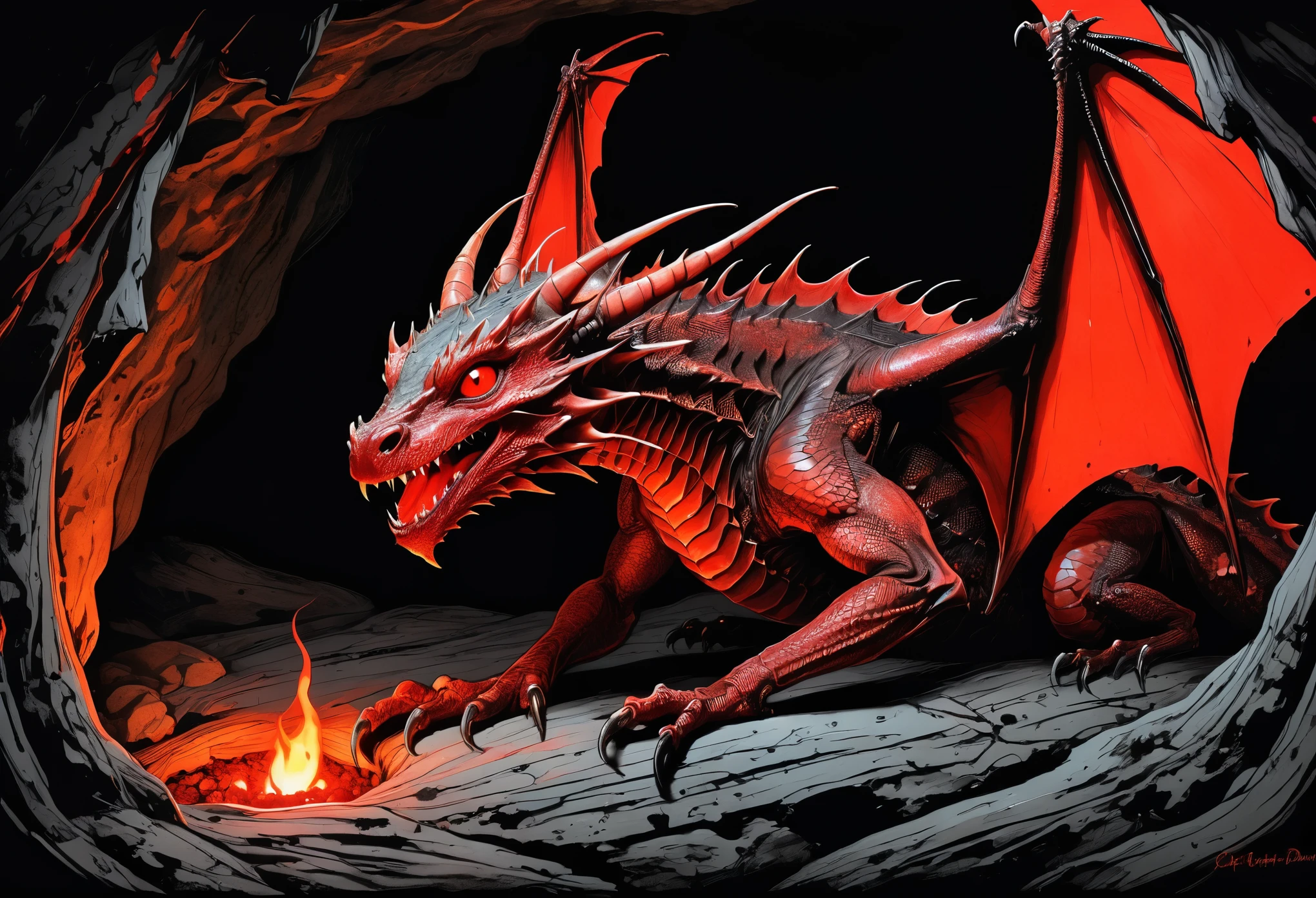 The Great Red Dragon, expressive ink illustration in Jeff Smith (Bone) art style, pitch black cave, only light source embering glowing fiery eyes of the Red Dragon, inside the cave a menagerie of locusts, locust cave, resting, agitated, clever wise trickster,