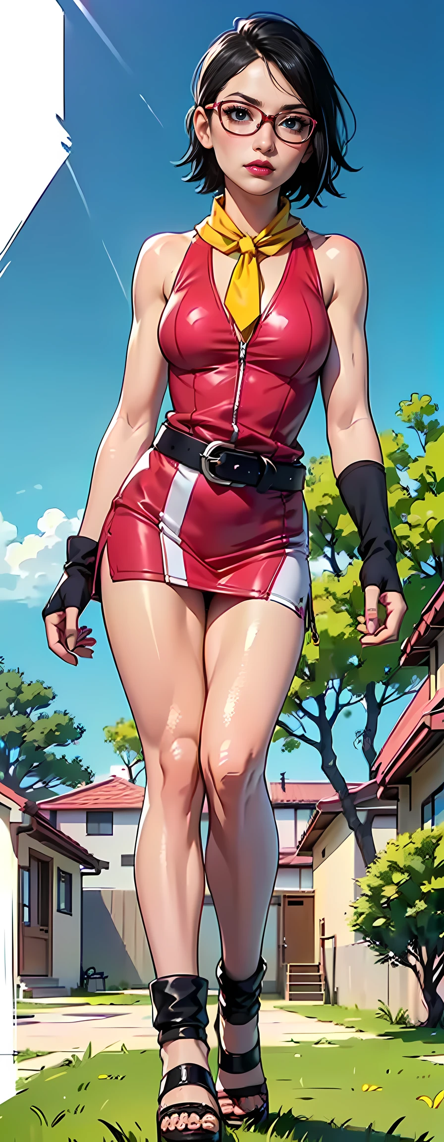(1girl, solo, alone), (WakatsukiRisa, Sarada Uchiha, black hair, short hair, black eyes, red glasses), ((solo, (1woman, pink lipstick, black eyes), Extremely detailed, ambient soft lighting, 4k, perfect eyes, a perfect face, perfect lighting, a 1girl)), ((fitness, muscular, shapely body, athletic body, toned body)), ((red dress, sarashi, neck scarf, yellow scarf, black and white high heels, long gloves, white belt, wristband, walking in a backyard, neighborhood, houses, trees, lawn, outdoor day, backyard, neck tie))