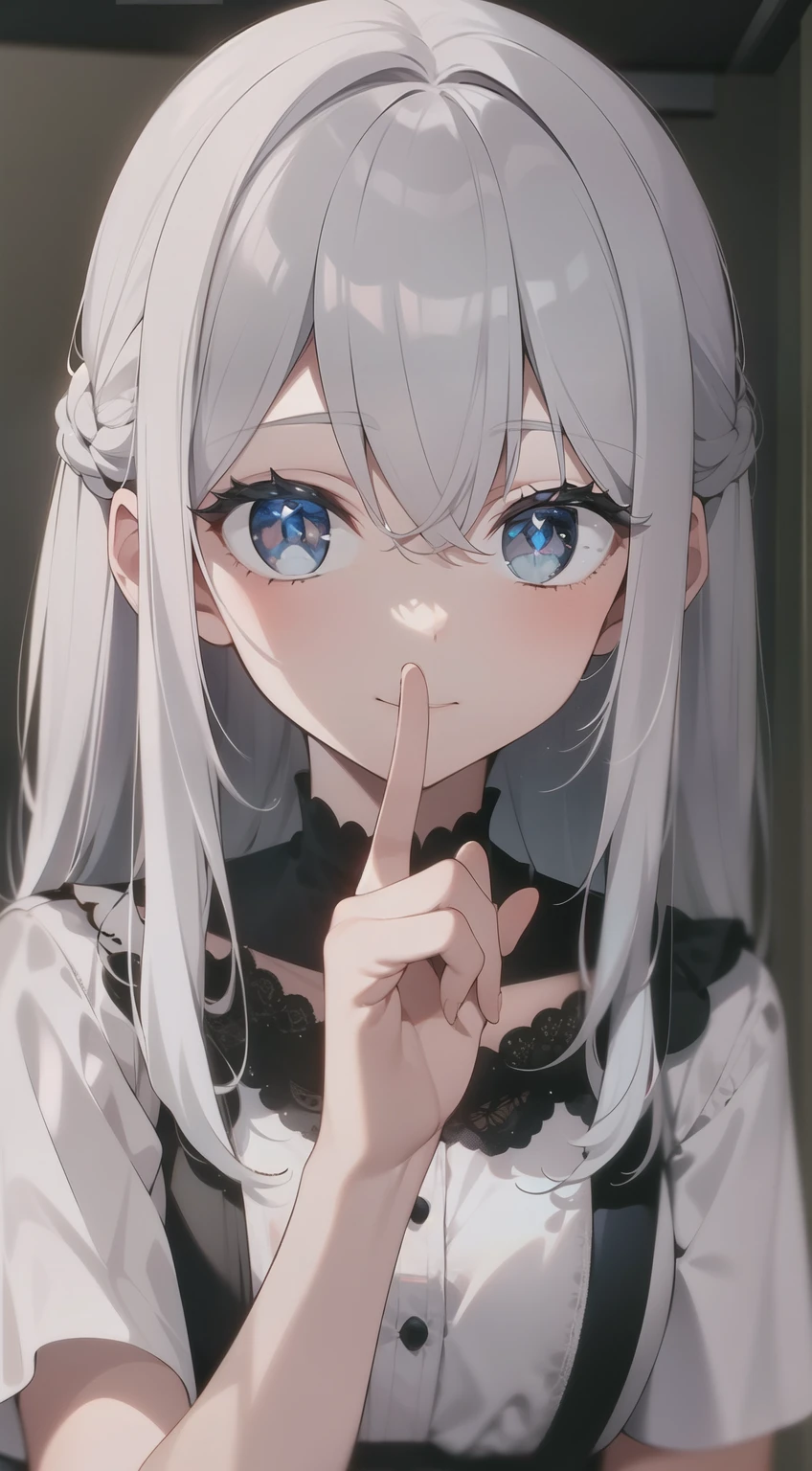 ((masterpiece, best quality))++, Detail lights+,  detail hair+, Detail hand+ ,1 girl, Honey, （long gray hair）++,   dark blue eyes,  beautiful eyes, Young gray hair,,(beautiful white hair:1.5),(beautiful eyes),    high resolution+,   black stockings  ， a white pajamas, Glass tones, Reflective eyeanyery detail wallpaper, The original, ,scassue card ，Nature，White rose