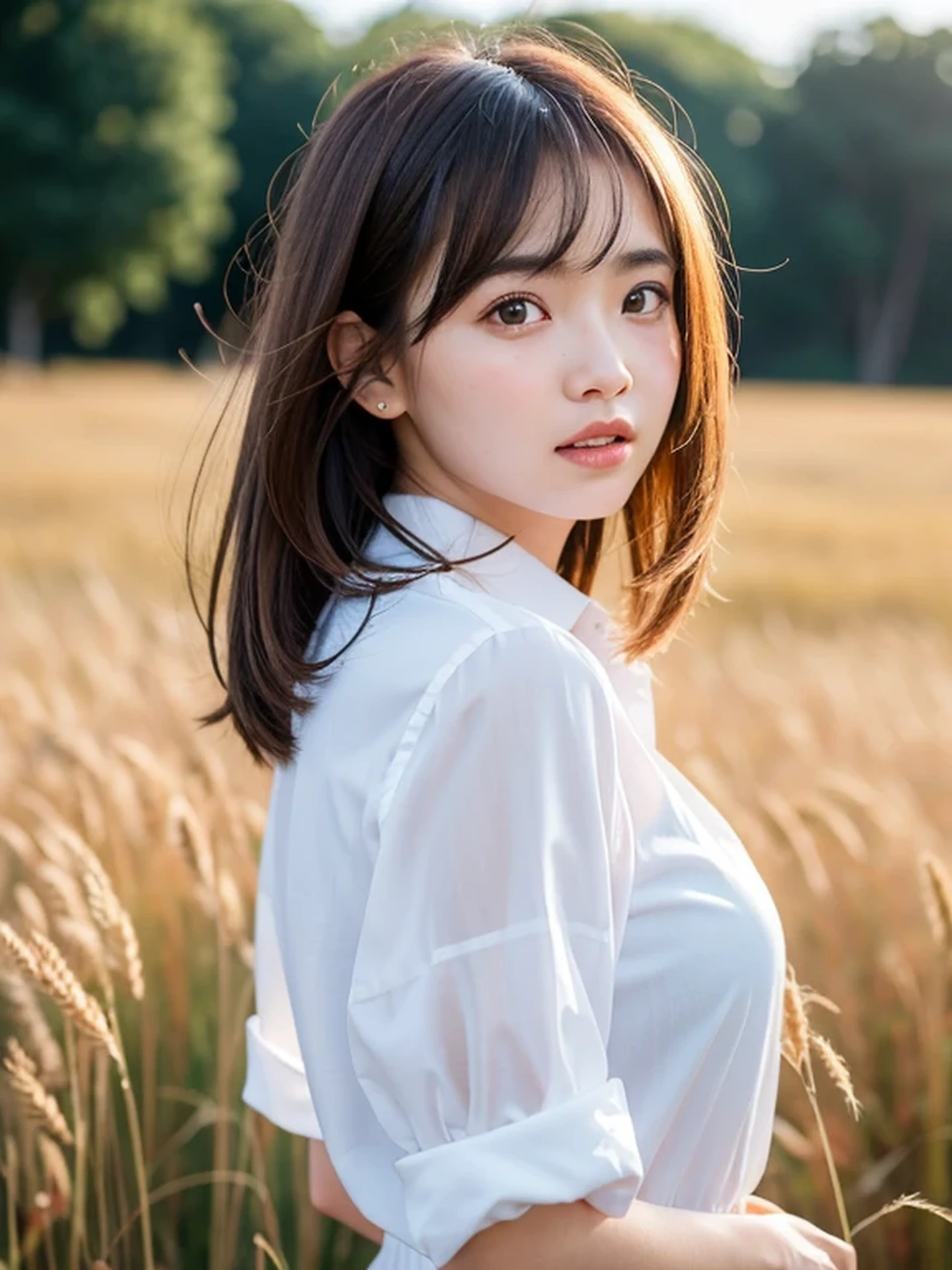 masterpiece, Best Quality, Raw photo, 8K, ultra-detailed face, 1girl, Beautiful detailed skin, backlight, soft light, bashful, (shoot from front:1.2), open your mouth as if you want to say something, Luminescent, Anatomically correct, Medium hair swaying in the wind, bangs, Eyes and faces with detailed, Textured skin, Professional Photography, Bokeh, Portrait, Professional Lighting, Solo, Cute, Girly, Film grain, silk dress shirt, skirt, Wheat Field,