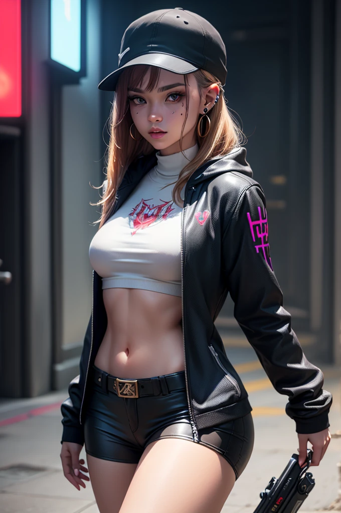 unreal engine:1.4, CG 32K ultra realistic, photorealistic:1.4, skin texture:1.4, hyper detailed face and body, masterpiece:1.4, dynamic pose, beautiful young woman long blonde hair, ((( a cowboy hat with decorations ;1,5))), (Red and black cyberpunk style clothing, warm jacket, earrings, rings, tattoos on the face and body:1.4), high black leather boots.