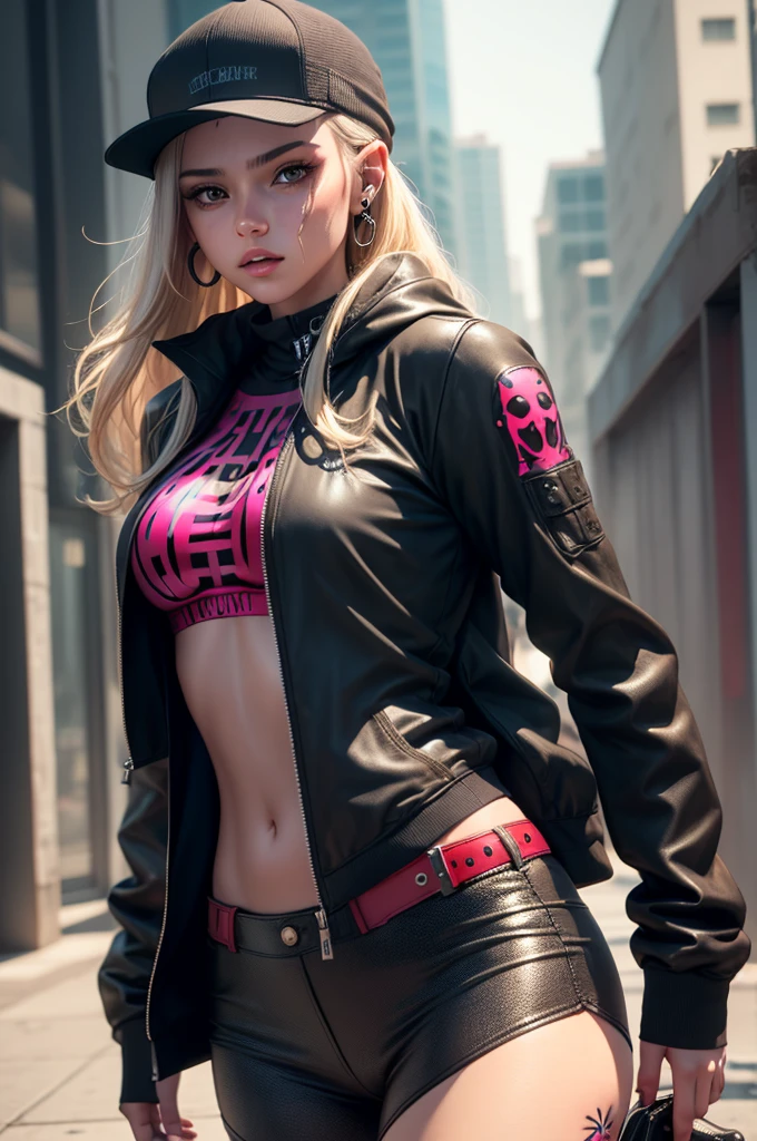 unreal engine:1.4, CG 32K ultra realistic, photorealistic:1.4, skin texture:1.4, hyper detailed face and body, masterpiece:1.4, dynamic pose, beautiful young woman long blonde hair, ((( a cowboy hat with decorations ;1,5))), (Red and black cyberpunk style clothing, warm jacket, earrings, rings, tattoos on the face and body:1.4), high black leather boots.