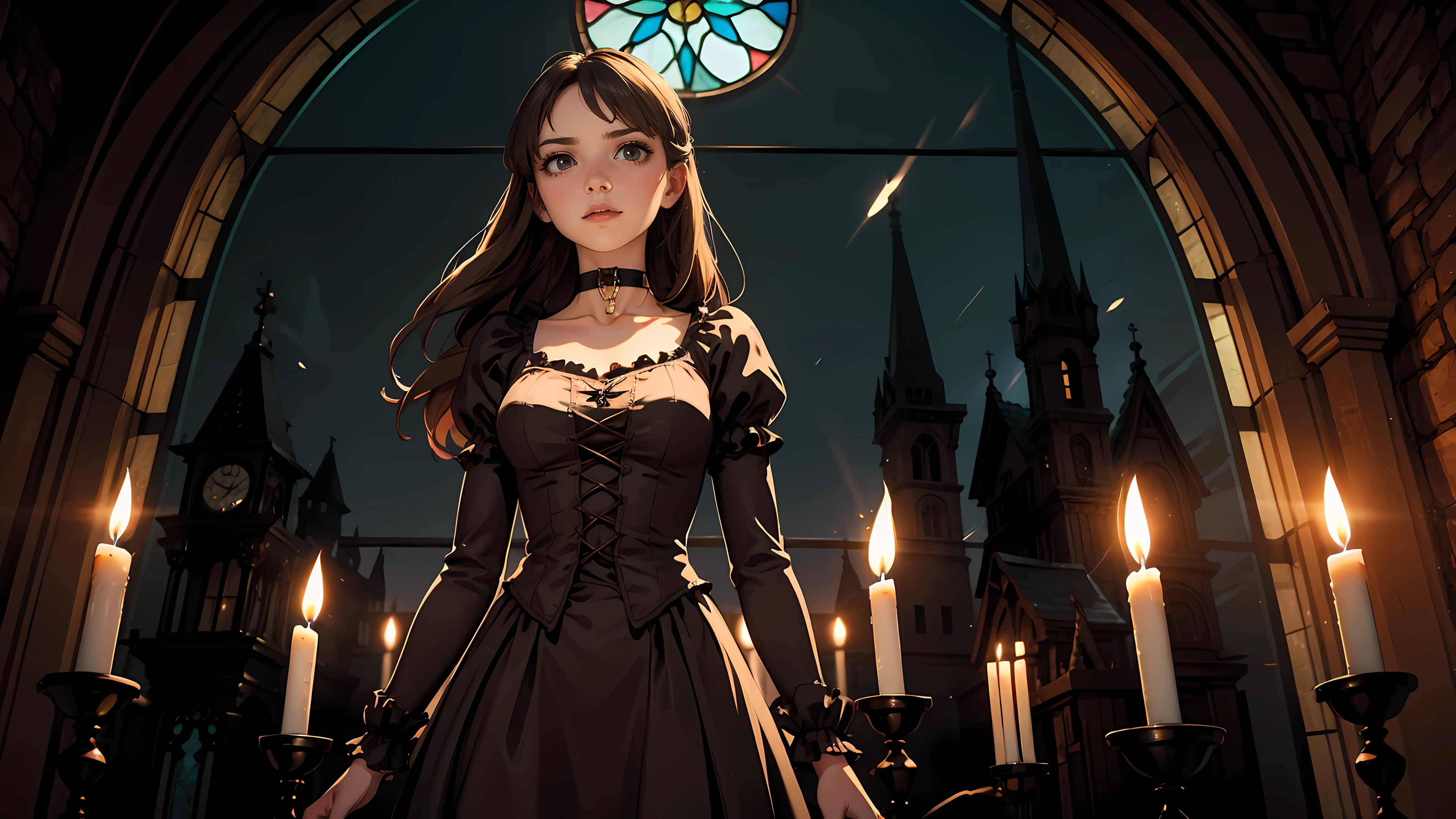 ((1girl)), long brown hair, choker collar, bracelets, Victorian style long brown dress, standing, dramatic pose, gothic mansion, stained glass window, night, nighttime, candles, candlelight, dramatic lighting, cinematic lighting, 