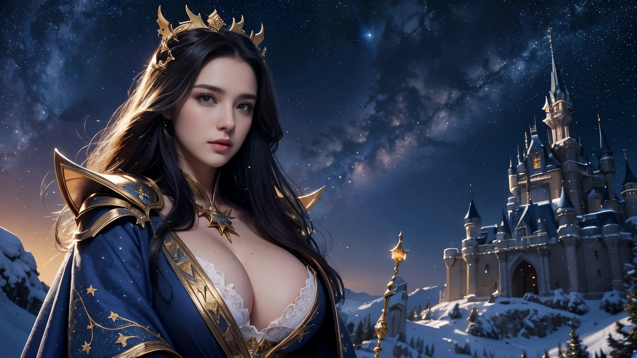 masterpiece, rest, best quality, Super detailed, Super real, 16K, high resolution, castle，snow, ((ridiculous starry sky)),female mage，gorgeous robe，complex pattern，big breasts，beautiful face，dramatic，half body shot，Glowing scepter