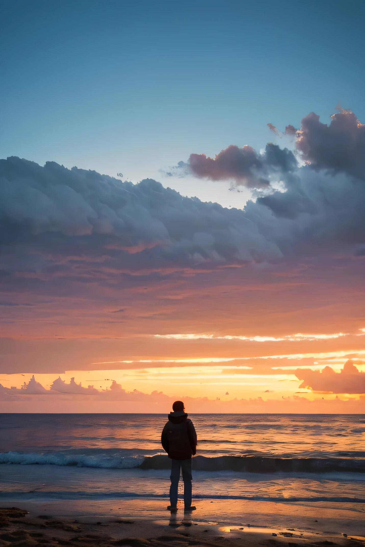 high resolution,beautiful beach,,boy looking at the sea,,sunset