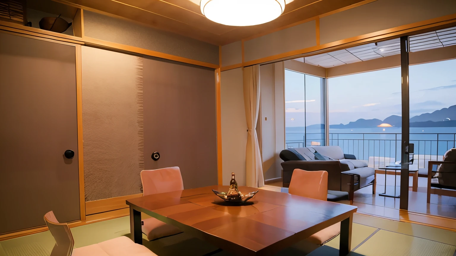 ryokan, scenery, table, indoors, television, window, chair, cup, ceiling light, lamp, flower pot, (sunset:1.5), in the evening, dark