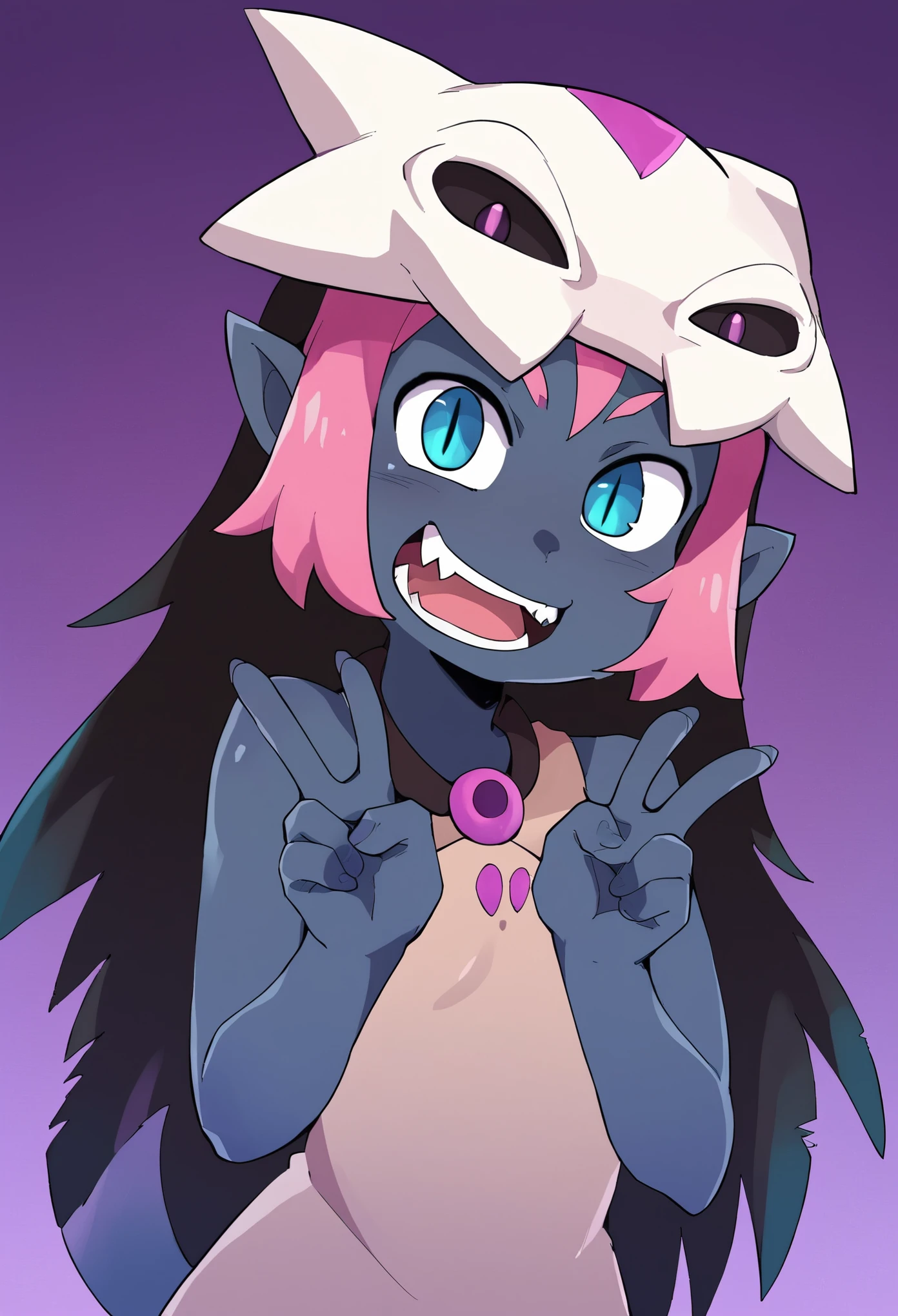 (score_9, score_8_up), score_7_up, score_6_up, Coqueline, 1girl, blue skin, pink hair, blue eyes, skull hat, pointy ears, short beige dress, sleeveless, bare shoulders, halterneck, upper body, purple background; :D, fangs, peace sign, v, looking at viewer, slit pupils, 