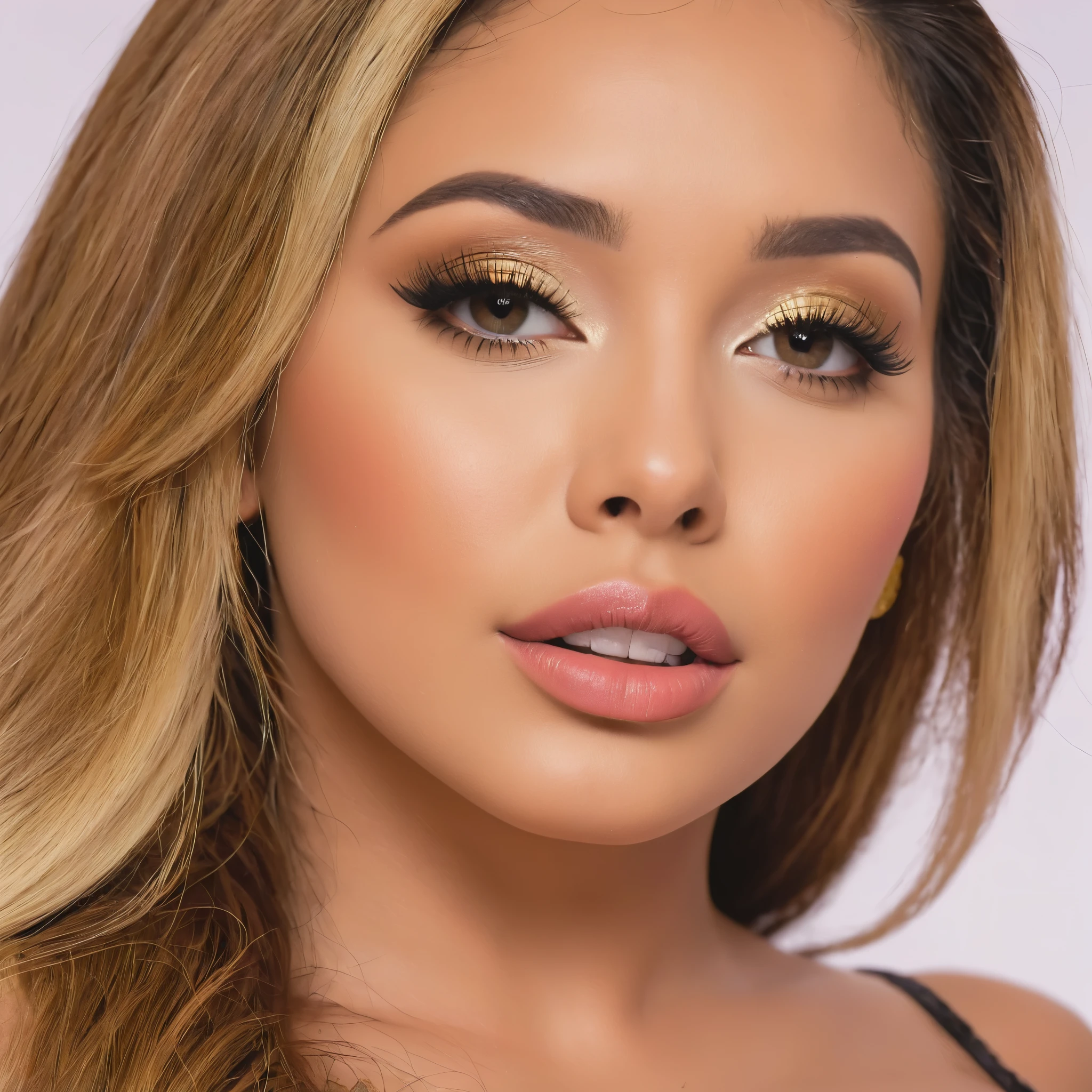 A Colombian porn star, high-res, ultra-detailed, with a vibrant and seductive look, in a luxurious bedroom scene. The room is decorated with golden accents and silk sheets, creating an opulent and sensual atmosphere. The porn star is wearing a revealing lingerie set, accentuating her curves and adding a touch of eroticism to the scene. The lighting is soft and warm, casting delicate shadows on the smooth skin. The artist utilizes oil painting techniques to capture the glossy texture of the lingerie and the luster of the surroundings. The colors are rich and saturated, enhancing the passionate mood of the image. The focus is sharp and precise, highlighting the smallest details, from the intricate lace patterns to the sparkling jewelry adorning the porn star. The prompt also includes the Colombian flag subtly incorporated in the background, representing the performer's nationality and adding a hint of cultural pride to the artwork.