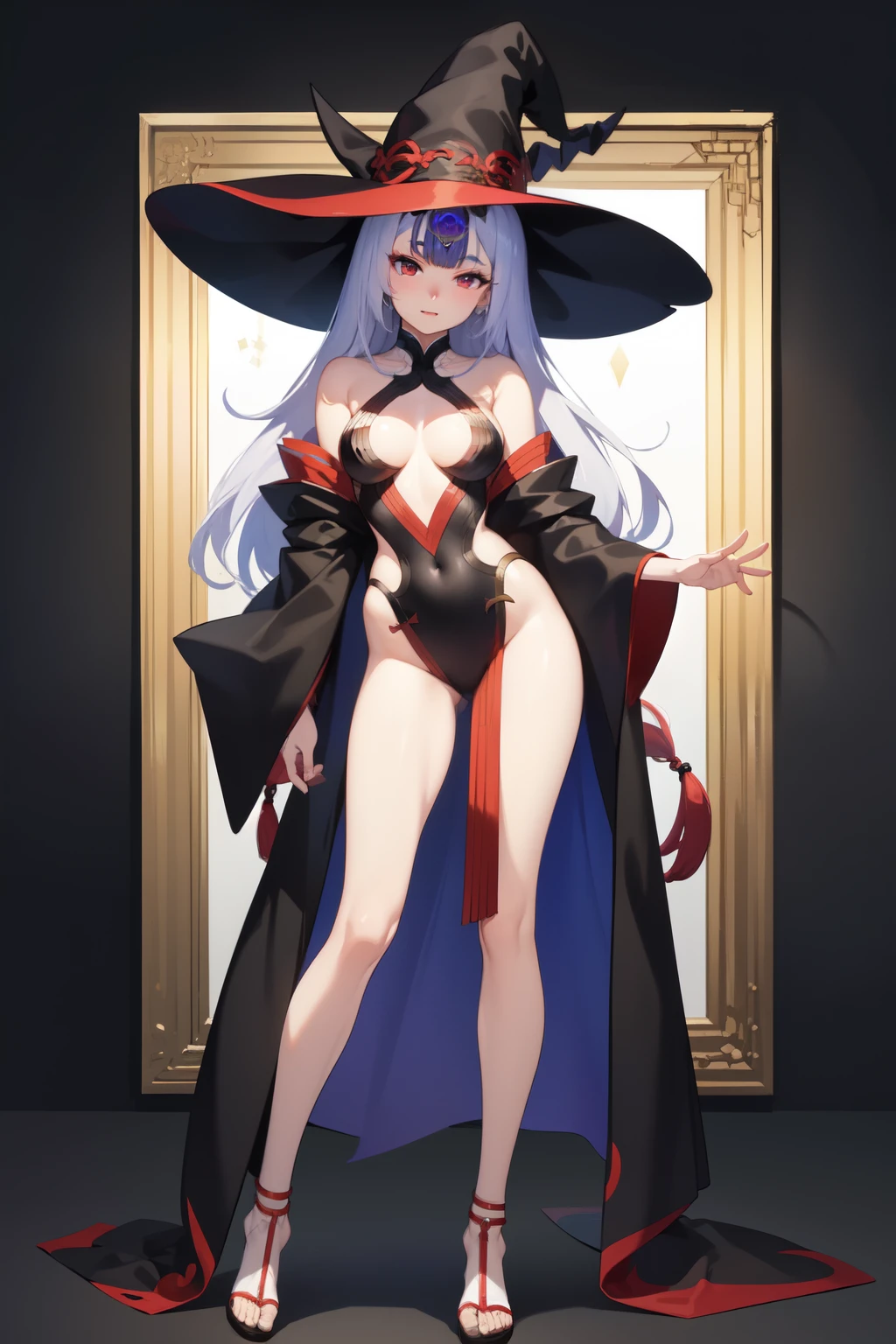 ((best quality)), ((masterpiece)), (detailed), perfect face, Human Shuten Doji from Fate with very long straight white hair without horns dressed like a witch, full body, large witch hat, long white straight hair, cloak hanging from shoulders, Lina Inverse wearing Shuten Doji's outfit, slim human anime girl with modest bust and long hair,