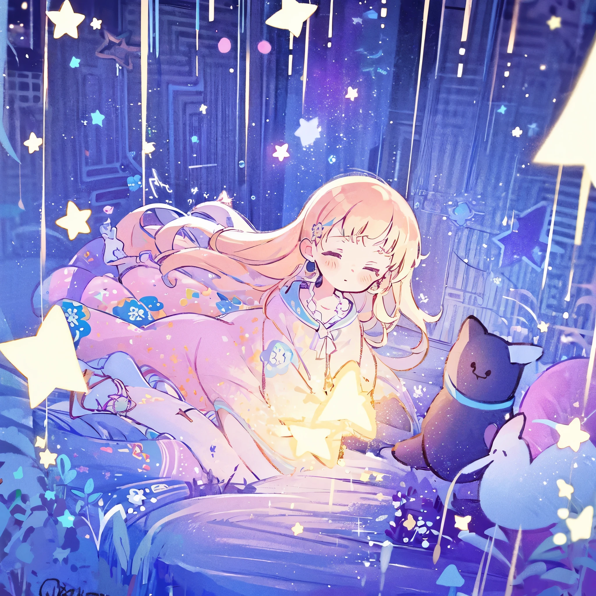 complex background, wishing star background, a woman wearing an ethereal mystical pink translucent dress that reflects the stars, perfume promo art, mystic, complex drawing, highly detailed, Covergirl brand, promo art, artistic rendition, ethereal, starry night, midjourney style