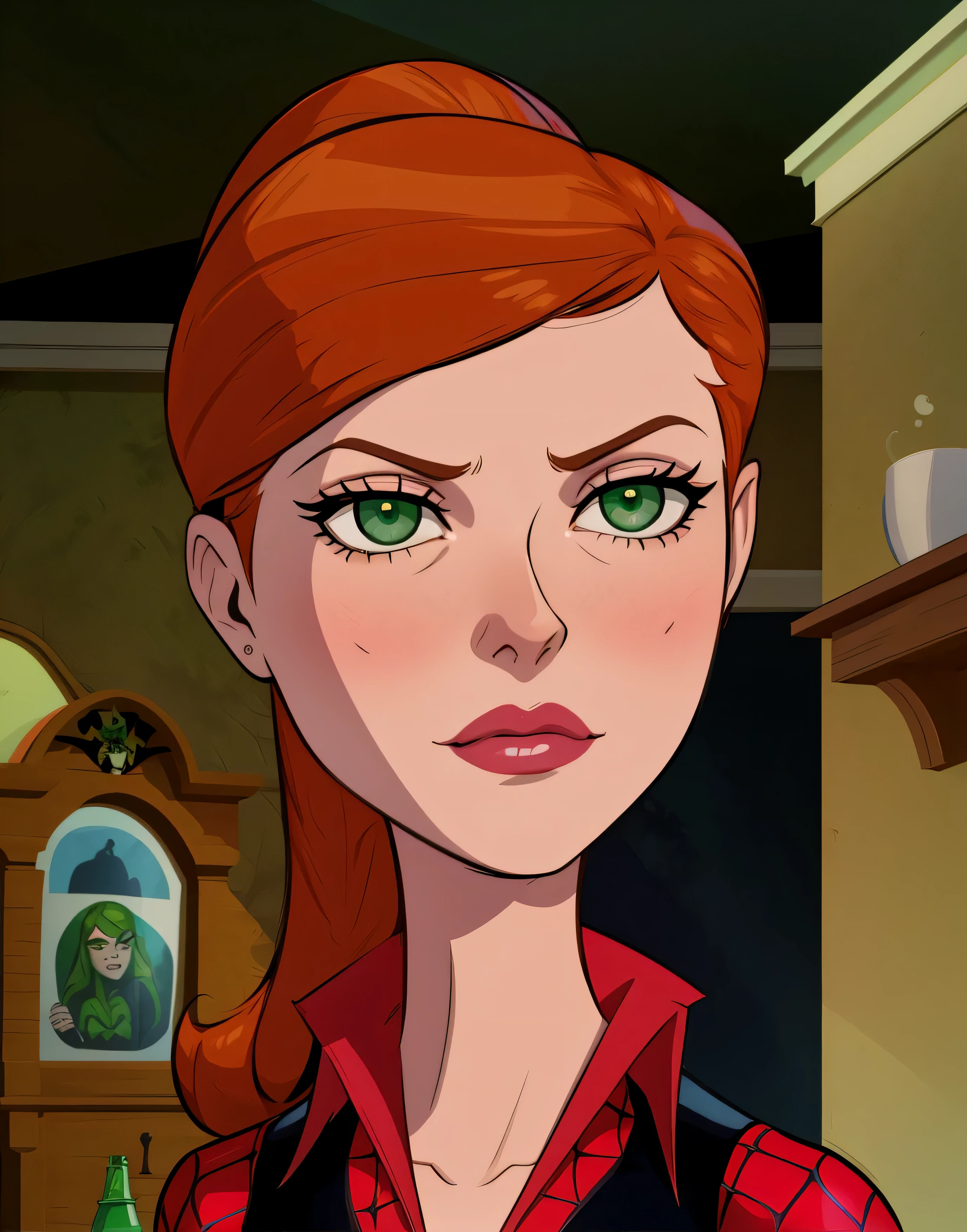 a close up of a cartoon woman with green eyes and a red shirt, dinah drake, anya from spy x family, mary jane, kim possible, inspired by Mary Jane Begin, gwen stacy, emma watson as poison ivy, ( ( spiderwoman ) ), poison ivy, but a stern look about her, sil from species, an animation cel of dana scully