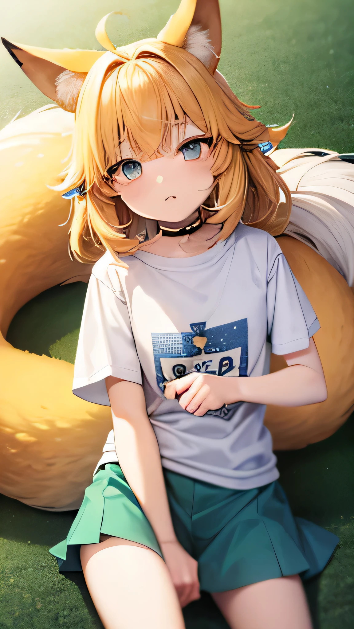 fox beastman、fox ears、fox tail、yellow hair、blue eye、10 years old、white t-shirt、green skirt、