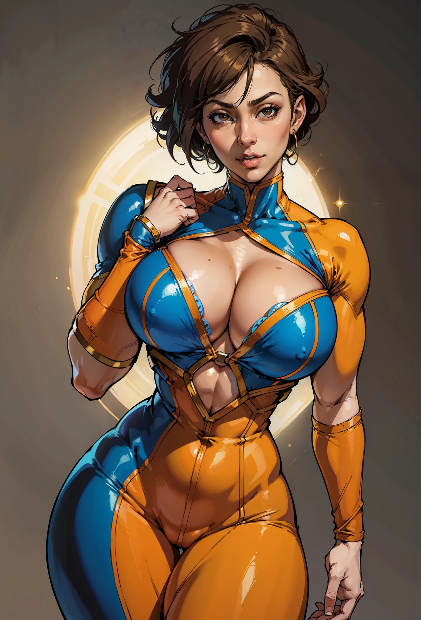 (light skin:1.1, thick thighs:1.1, huge breasts:1.1) afro, (tight:0.9) orange button down, 70s clothes anime superhero attire, holding a (kitana:1.1), (best quality:1.2), ultra-detailed, (realistic:1.37), portraits, vibrant colors, warm tones, soft lighting