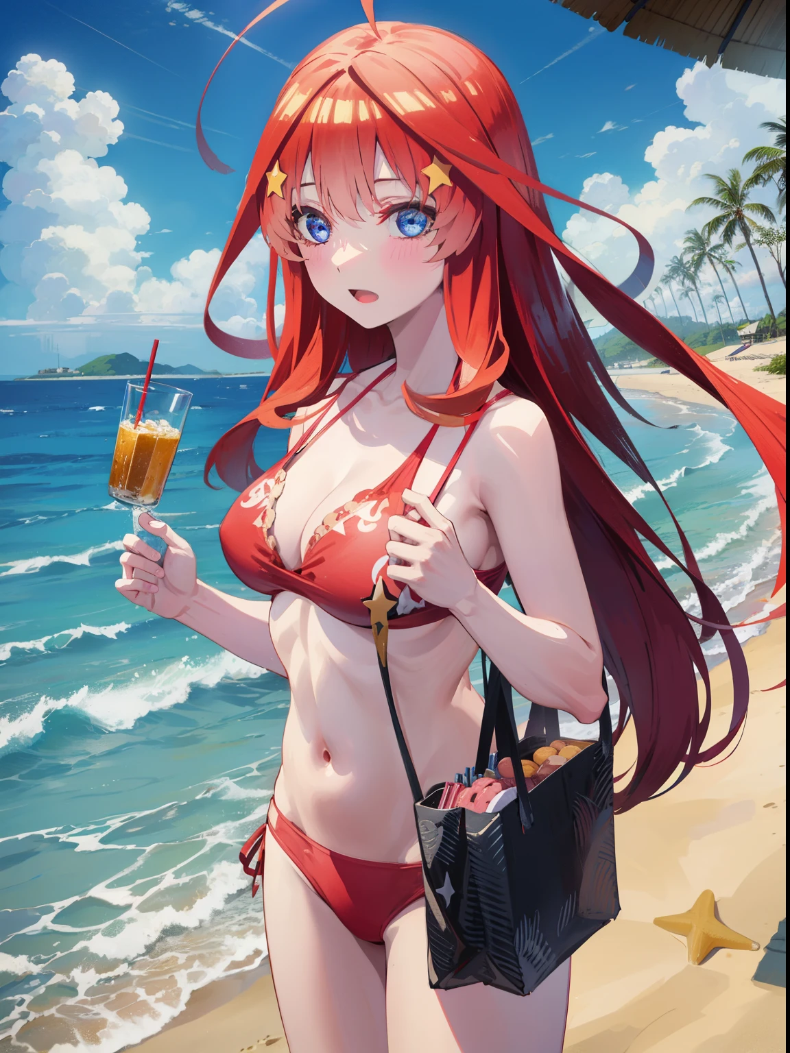 itsukinakano, itsuki nakano, bangs, blue eyes, hair between eyes, Ahoge, redhead, star \(symbol\), hair ornaments, star hair ornamentsにっこり, smile, open your mouth,big straw hat,red bikini,bare belly, (beach salon), big breasts,((salon)), beach outfit,real summer,Palm tree,
break outdoors, beach,
break looking at viewer, (cowboy shot:1.5),
break (masterpiece:1.2), highest quality, High resolution, unity 8k wallpaper, (shape:0.8), (fine and beautiful eyes:1.6), highly detailed face, perfect lighting, Very detailed CG, (perfect hands, perfect anatomy),