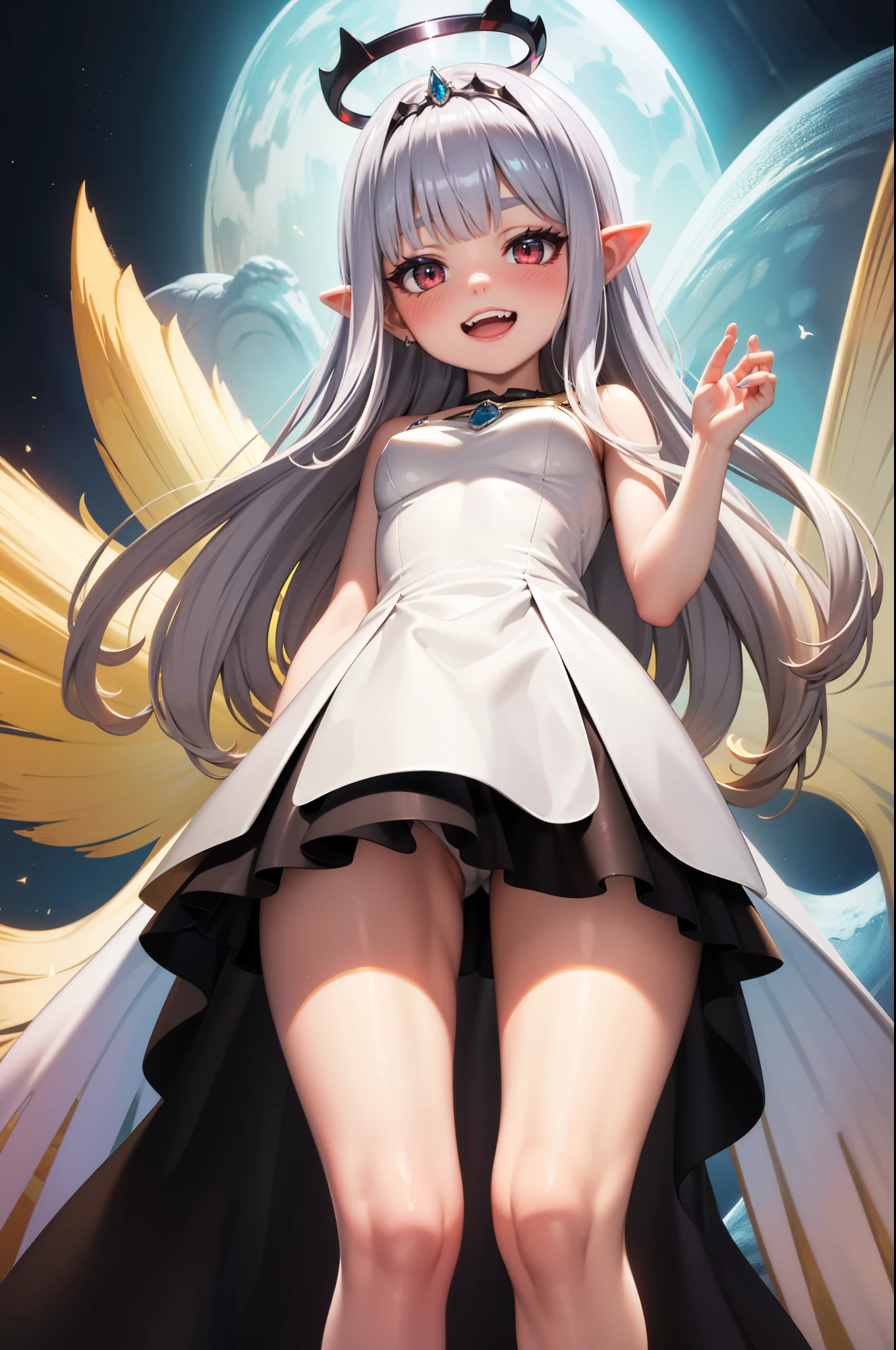 smug fairy girl princess goddess, mean, laughing hard, very thin, confident, arrogant, halo, empowered by divine energy, surrounded by spiraling strands of pure magic, magical fairy wings, stockings, red eye, tiara makeup, blush, eye shadow, lots of luxurious jewelries, flawless shiny silver hair, perfect teeth, looking at viewer, from below, solo,