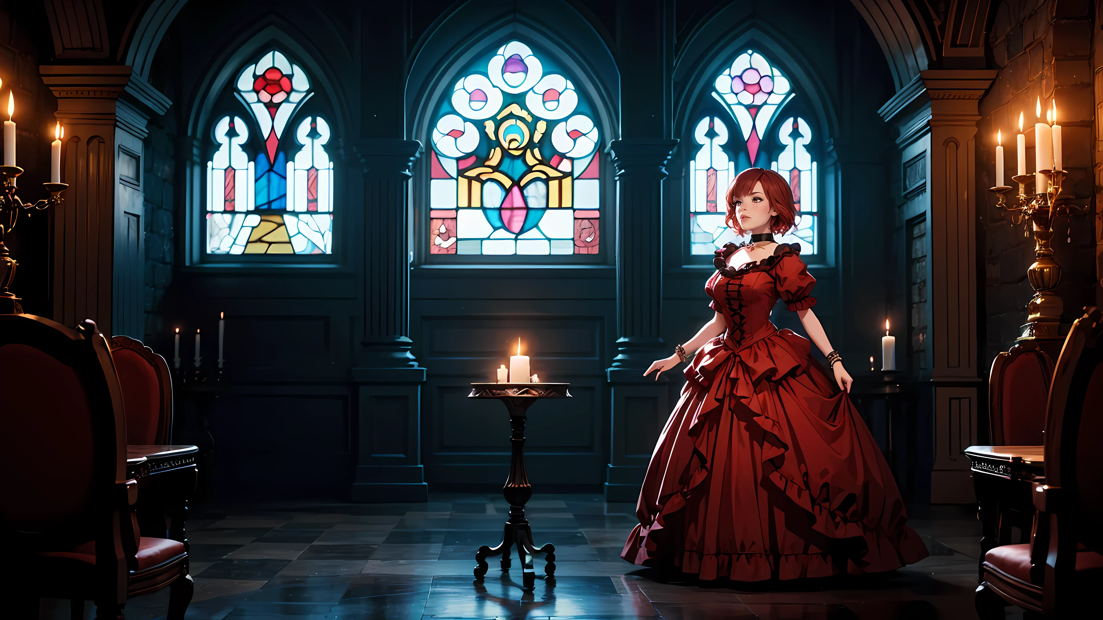 ((1girl)), short red hair, choker collar, bracelets, Victorian style long red dress, standing, dramatic pose, gothic mansion, gothic window, stained glass window, night, nighttime, candles, candlelight, dramatic lighting, cinematic lighting, 