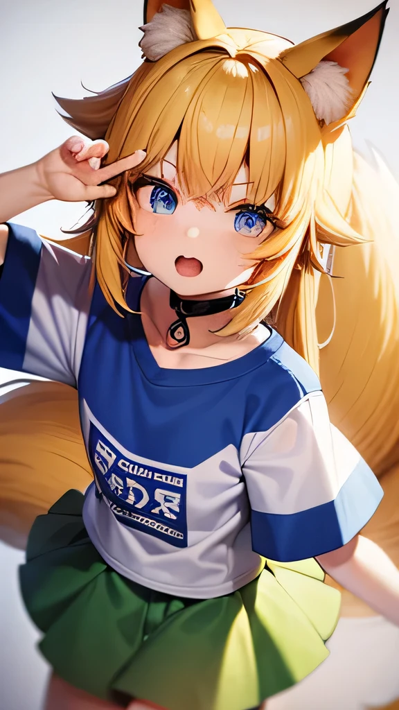 fox beastman、fox ears、fox tail、yellow hair、blue eye、、white t-shirt、green skirt、