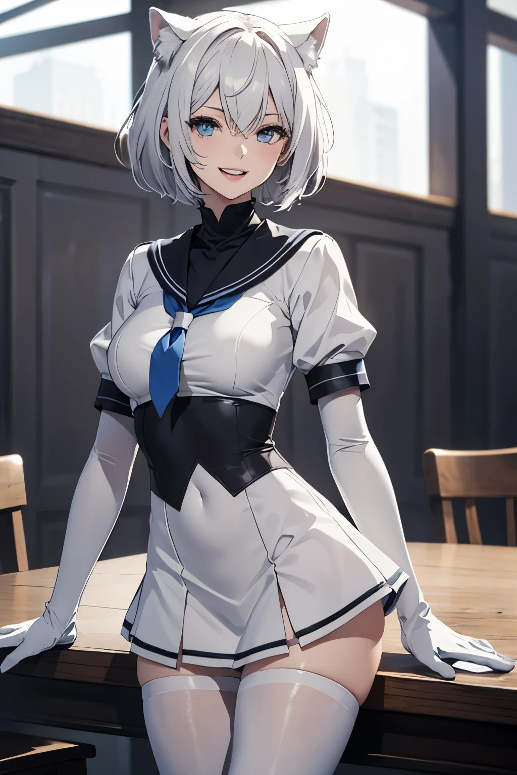 table top High level image quality best image quality 8K adult woman whole body portrait pure white long gloves(elbow gloves) Pure white pantyhose sailor suit(No sleeve) mini skirt(I can see your pants) white wolf ears short hair((shortcut)(gray hair)(perm)(fluffy)) eye color is blue attractive face((laughter)(smile)(open your mouth)) Cross-legged look forward sexy pose