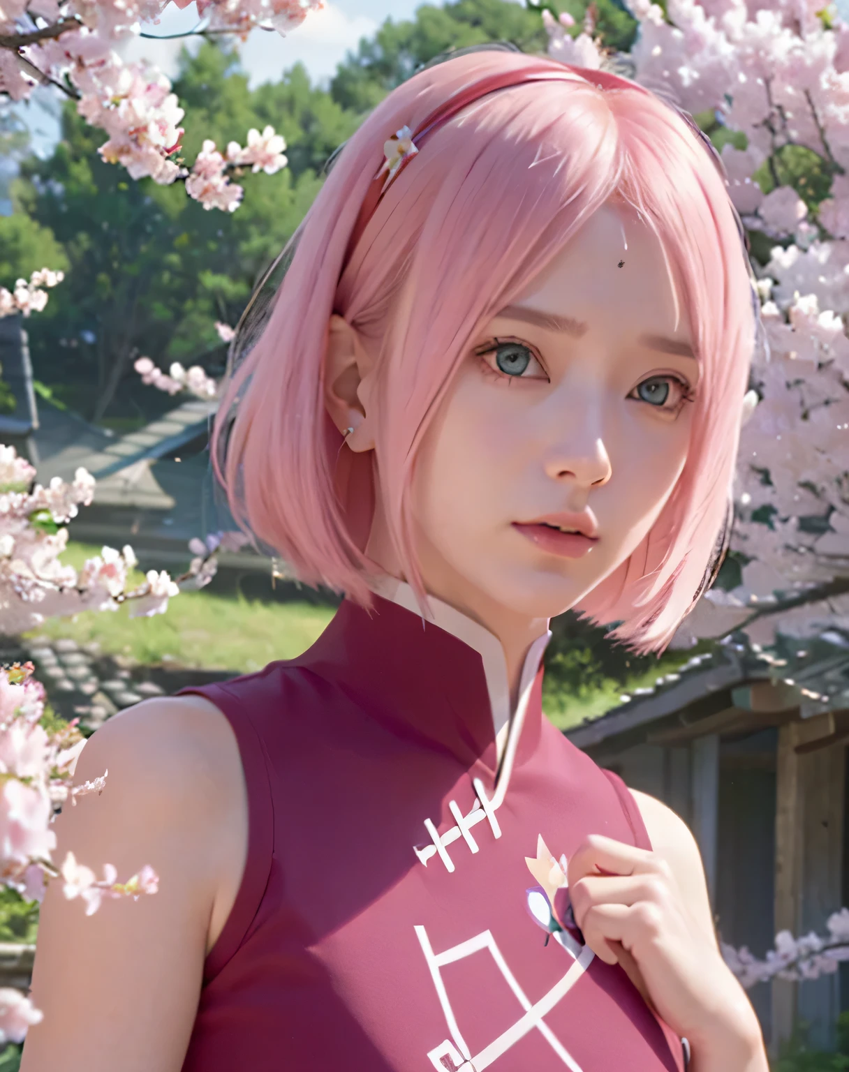 haruno sakura, naruto \(series\), naruto shippuuden, anime art style, masterpiece, red shirt, shirt, short hair, No sleeve, No sleeve shirt, forehead protector, hair band, konohagakure symbol on hair band, 1 girl, alone, bangs, chest, closed mouth, Elbow sleeves, eyes visible through hair, floating hair, shortening, green eyes, hair intake, parted bangs, pink hair, , V-shaped eyebrows, detailed background, outdoor, cherry blossoms, null, (super detailed), (8K, Complex), (85mm), particles of light, lit, full body, (very detailed:1.2), chest focus, (Gradation), software, colorful, (detailed background), (third law_composition:1.3), (Action range:1.2), dawn, alone