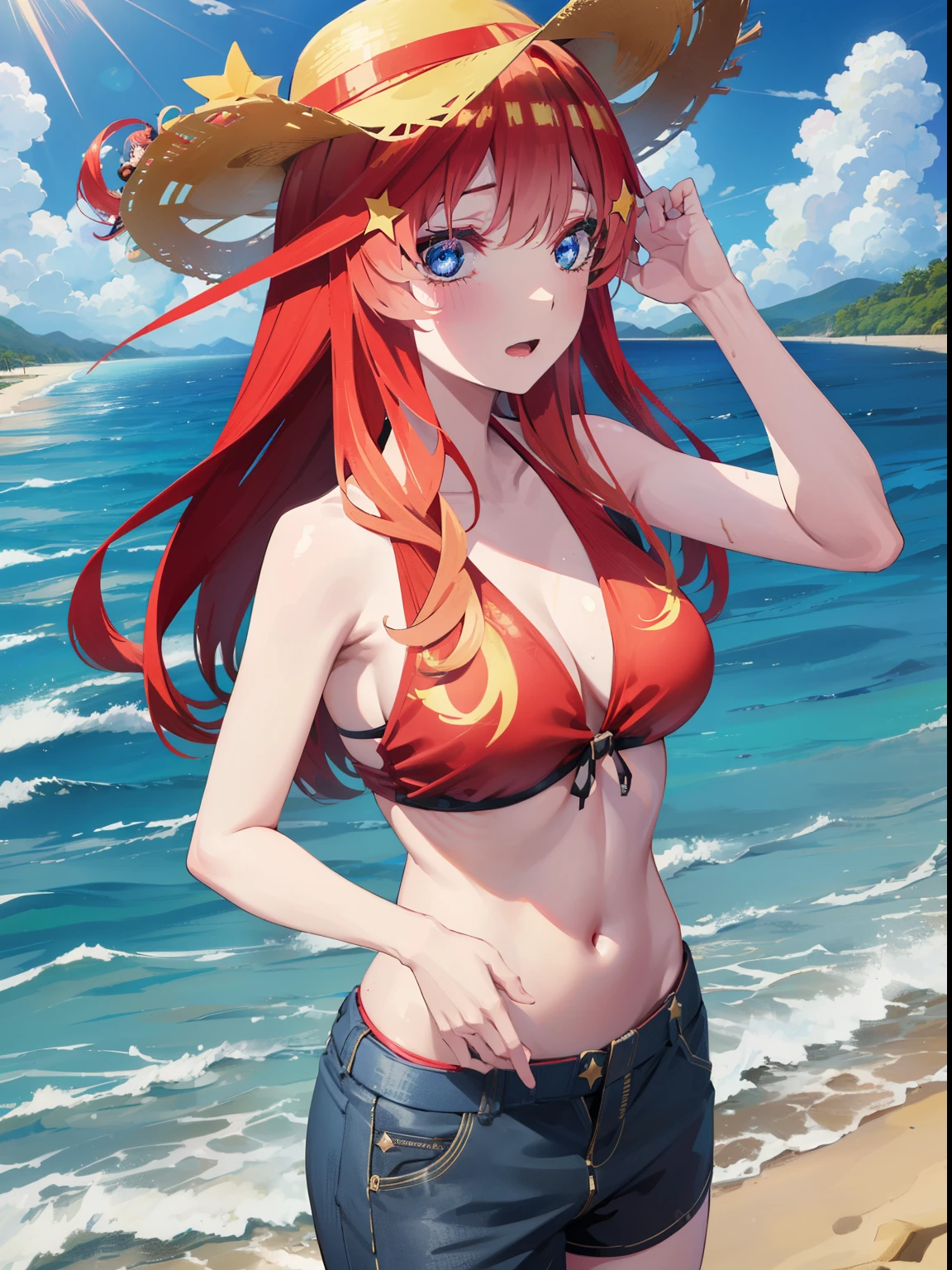itsukinakano, itsuki nakano, bangs, blue eyes, hair between eyes, Ahoge, redhead, star \(symbol\), hair ornaments, star hair ornamentsにっこり, smile, open your mouth,big straw hat,red bikini,bare belly, (beach salon), ,((salon)), beach outfit,real summer,Palm tree,
break outdoors, beach,
break looking at viewer, (cowboy shot:1.5),
break (masterpiece:1.2), highest quality, High resolution, unity 8k wallpaper, (shape:0.8), (fine and beautiful eyes:1.6), highly detailed face, perfect lighting, Very detailed CG, (perfect hands, perfect anatomy),