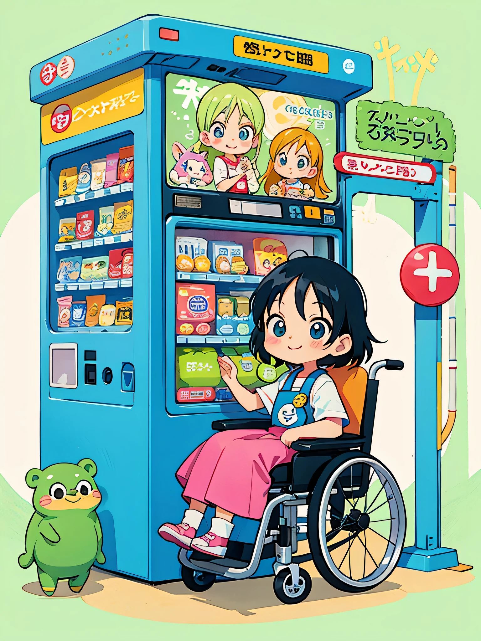akira toriyama style, Kawaii Design, most beautiful girl ever、Chibi, best smile、wheelchair、hospital vending machine