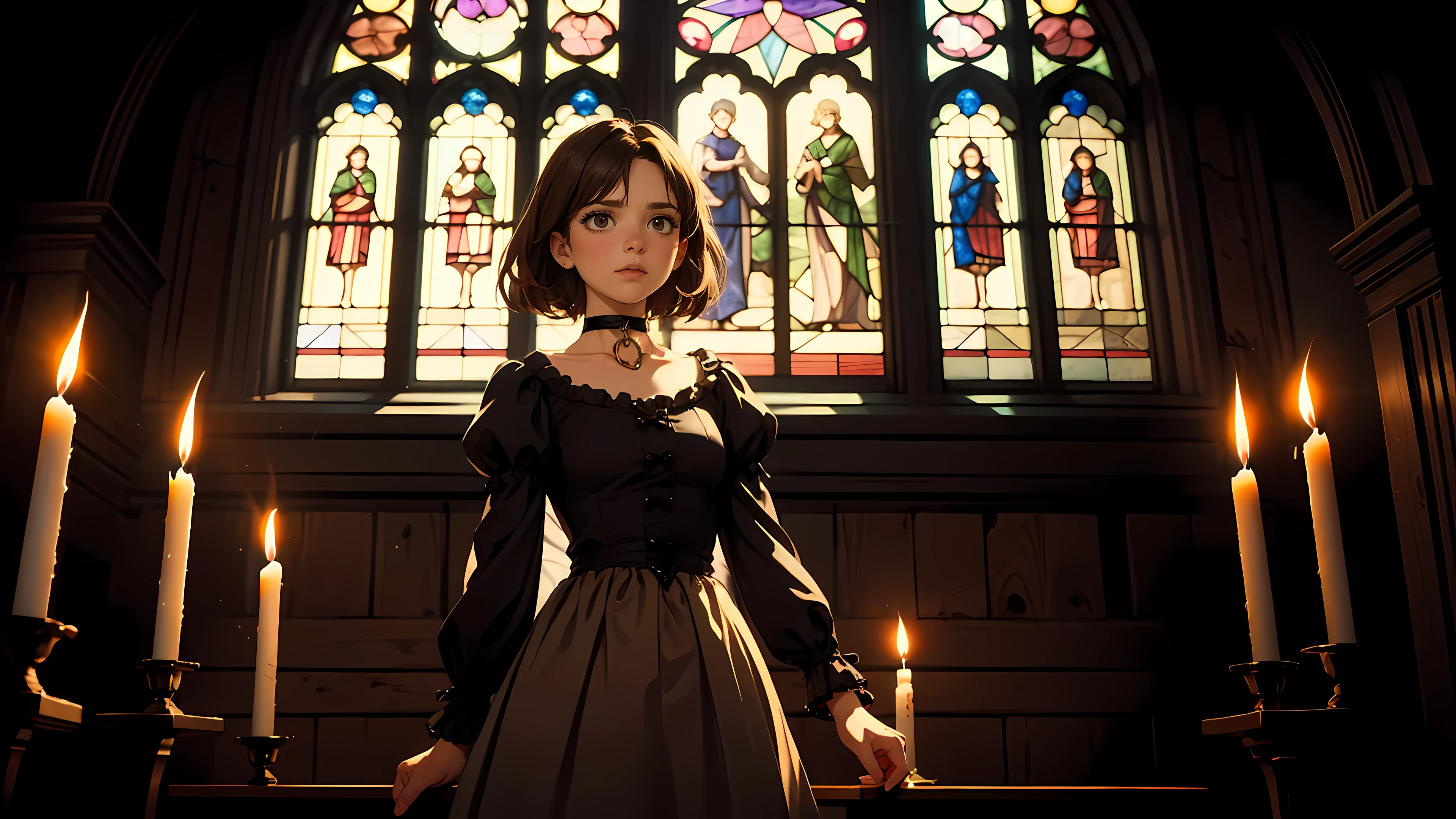 ((1girl)), short brown hair, choker collar, bracelets, Victorian style long brown dress, standing, cowboy shot, dramatic pose, gothic mansion, stained glass window, night, nighttime, candles, candlelight, dramatic lighting, cinematic lighting,
