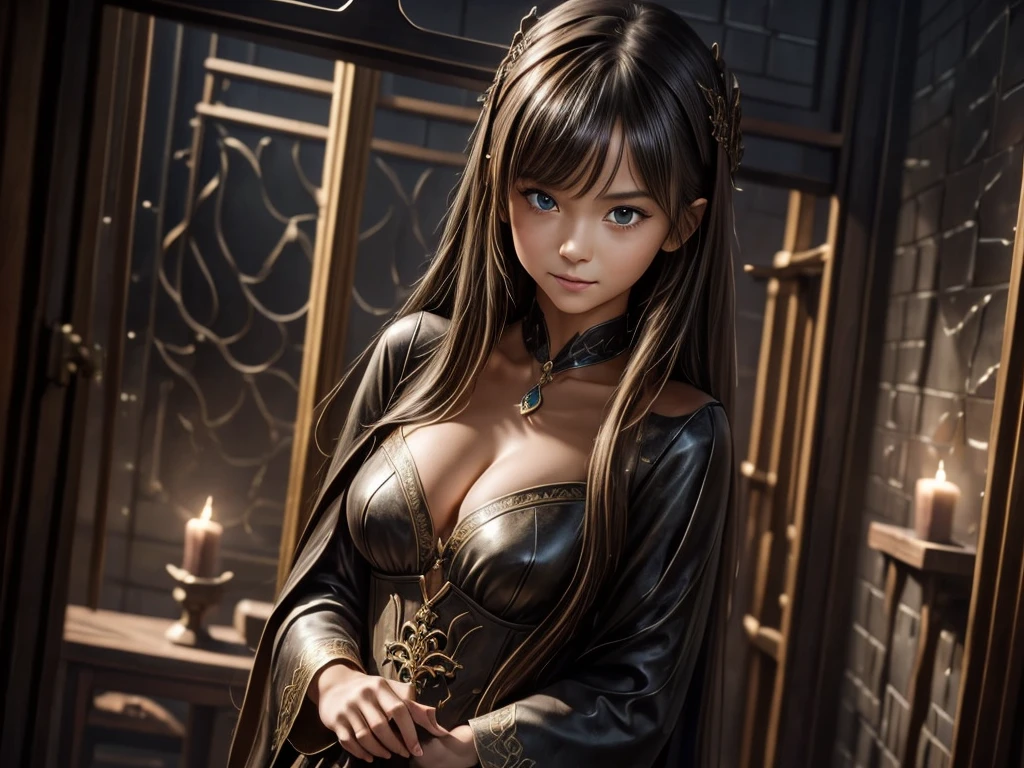 A girl exploring a dark dungeon, wearing an enchanted armor and holding a shining sword, with a brave and determined expression on her face. The dungeon is filled with intricate details of moss-covered stone walls, ancient carvings, and flickering torchlight. The air is heavy with a sense of mystery and danger. The girl's eyes are detailed, capturing the light of the torches and reflecting her unwavering determination. Her lips are beautifully detailed, revealing a hint of determination and strength.

The artwork is created in a medium that combines digital painting techniques with realistic textures, bringing out the fantasy world in a stunning and immersive way. The texture of the dungeon walls is gritty and rough, while the armor is sleek and shiny, creating a captivating contrast.

Additional details include a scattered treasure chest overflowing with gold and jewels, hinting at the rewards waiting to be discovered. A hidden trap mechanism is partially visible on the floor, adding suspense and thrill to the scene. The girl's powerful stance showcases her agility and readiness for any challenge that comes her way.

The image quality is of the highest standards, with vibrant colors and ultra-detailed elements that make every aspect of the artwork come to life. The lighting is carefully designed to create a dramatic atmosphere, casting shadows that dance along the dungeon walls.

In terms of art style, the artwork leans towards the fantasy genre, capturing the essence of the Dungeons & Dragons universe. The color palette is rich and vibrant, with deep blues and purples contrasting with warm golden tones, enhancing the magical and mysterious feel of the scene.

With this prompt, Stable Diffusion will generate a high-quality, detailed image of a girl exploring a mysterious dungeon, transporting the viewers into a fascinating world of adventure and fantasy.