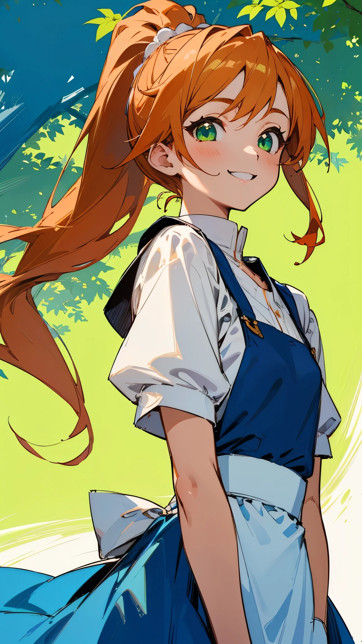 1 girl、anime painting、small breasts、white blouse、blue skirt、Apron appearance、orange hair、ponytail、beautiful green eyes、smile、pleasure、upper body close-up、Early summer street tree background、sharp outline