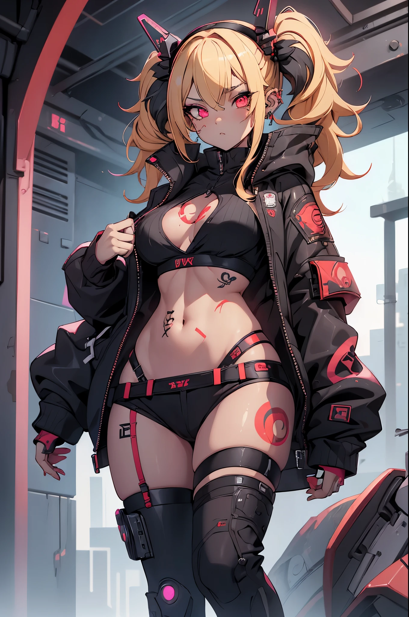 1girl, rebecca \(cyberpunk\), full body, solo, twintails, black hairband glowing red eyes, leg tattoo, neck tattoo, blonde hair, large chest, black bra, thong, red pupils, skin fang, red eyes, black jacket, 