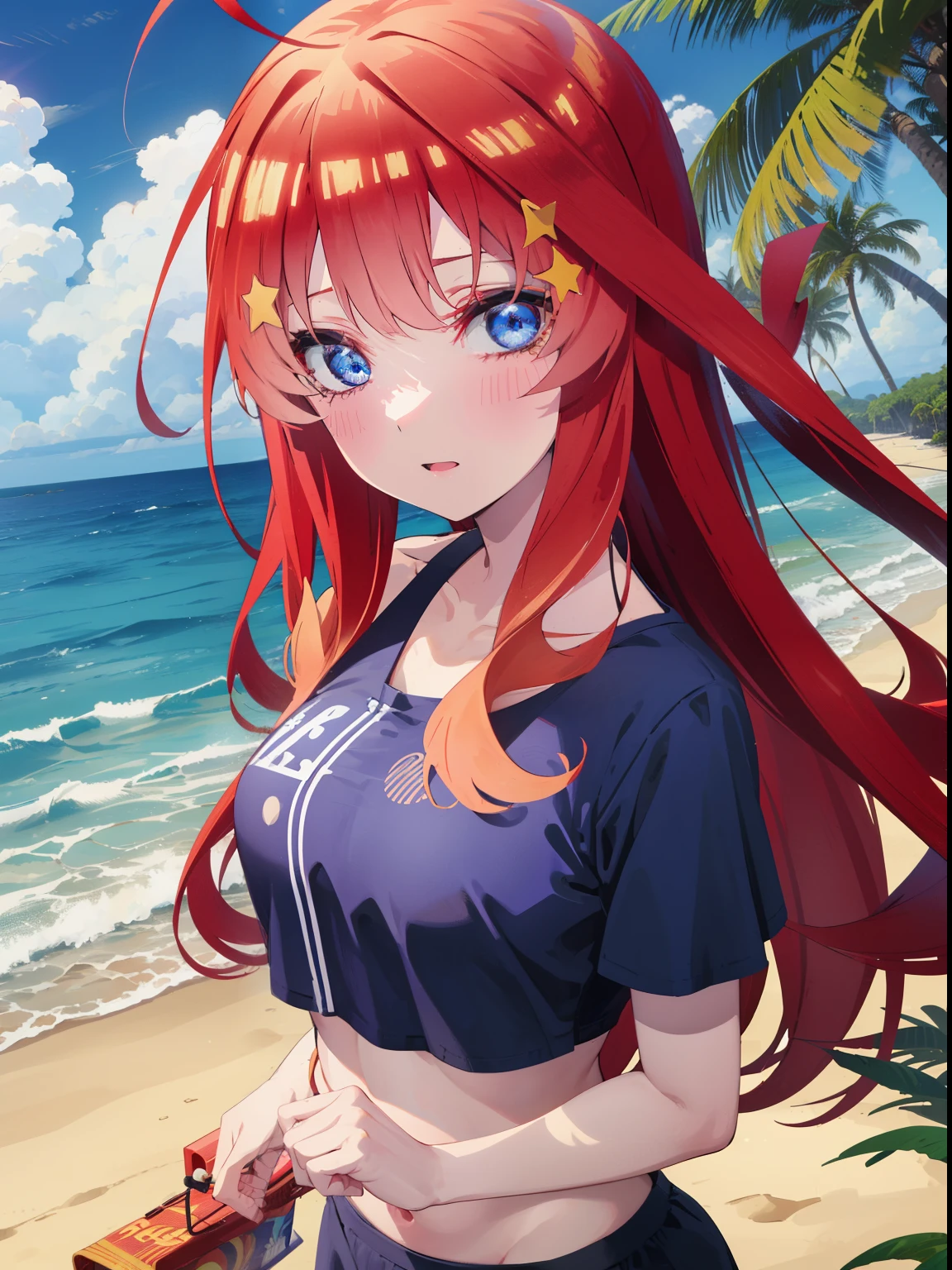 itsukinakano, itsuki nakano, bangs, blue eyes, hair between eyes, Ahoge, redhead, star \(symbol\), hair ornaments, star hair ornamentsにっこり, smile, open your mouth,big straw hat,red bikini,bare belly, (beach salon), big breasts,((salon)), beach outfit,real summer,Palm tree,
break outdoors, beach,
break looking at viewer, (cowboy shot:1.5),
break (masterpiece:1.2), highest quality, High resolution, unity 8k wallpaper, (shape:0.8), (fine and beautiful eyes:1.6), highly detailed face, perfect lighting, Very detailed CG, (perfect hands, perfect anatomy),