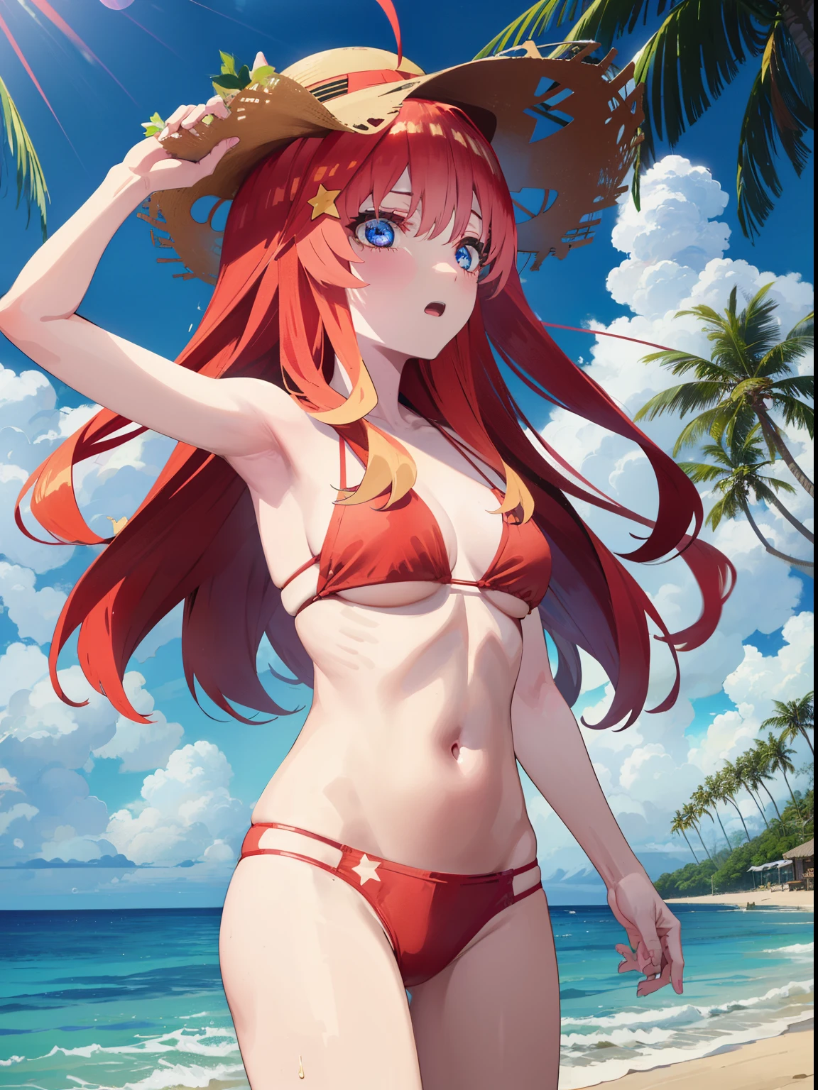 itsukinakano, itsuki nakano, bangs, blue eyes, hair between eyes, Ahoge, redhead, star \(symbol\), hair ornaments, star hair ornamentsにっこり, smile, open your mouth,big straw hat,red bikini,bare belly, (beach salon),  big breasts,((salon)), beach outfit,real summer,Palm tree,
break outdoors, beach,
break looking at viewer, (cowboy shot:1.5),
break (masterpiece:1.2), highest quality, High resolution, unity 8k wallpaper, (shape:0.8), (fine and beautiful eyes:1.6), highly detailed face, perfect lighting, Very detailed CG, (perfect hands, perfect anatomy),