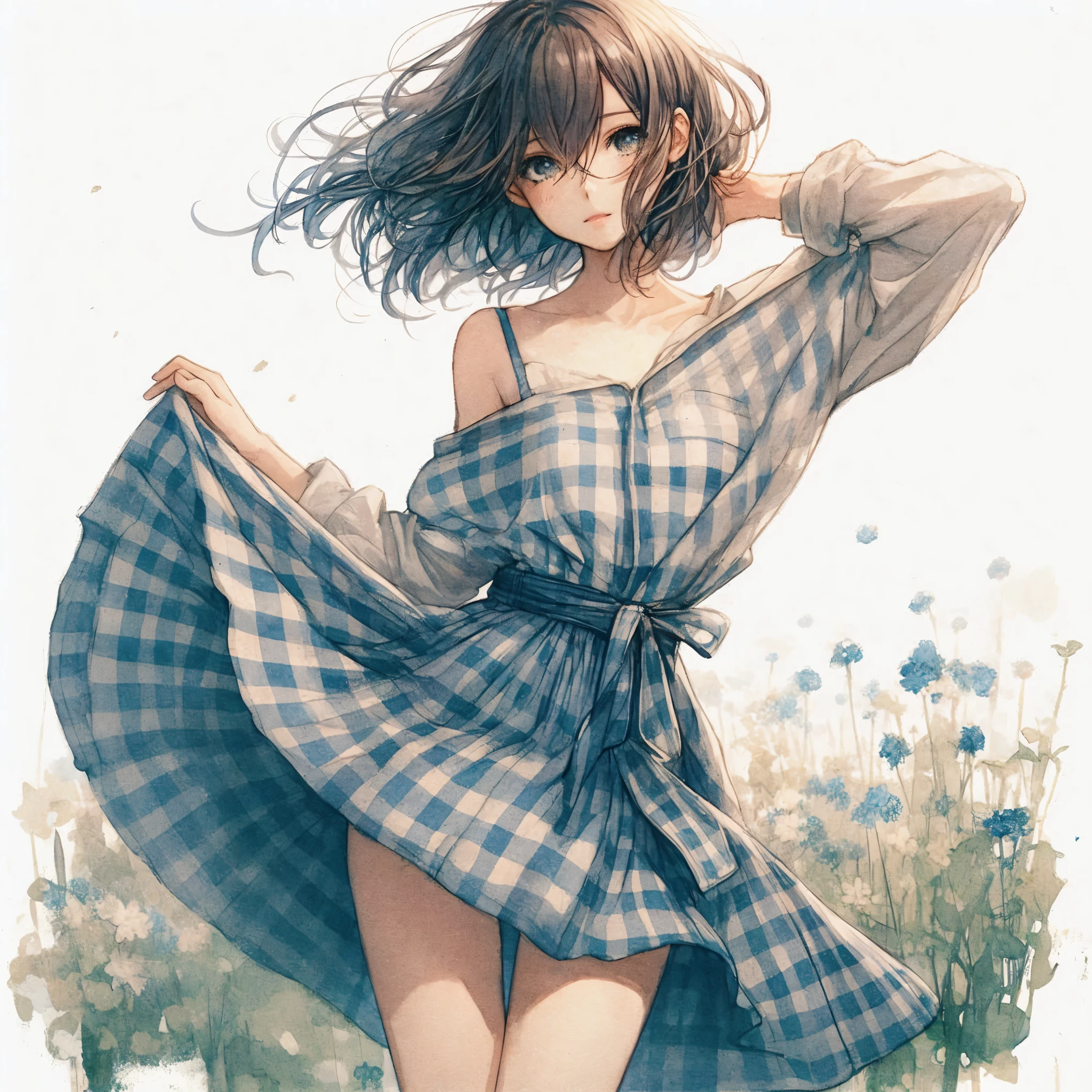 anime girl in a blue and white dress posing in a field, in dress, beautiful anime artwork, beautiful anime girl, beautiful anime art, soft anime illustration, beautiful anime art style, guweiz on pixiv artstation, guweiz on artstation pixiv, makoto shinkai and artgerm, by Yamagata Hiro, beautiful anime portrait, detailed drawn beautiful eyes, detailed beautiful large breast