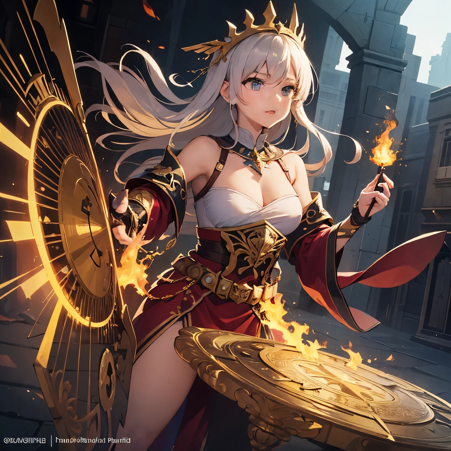 (8k, 16k, Award-winning, best quality, highest resolution, Super details, high detail, anatomically correct, masterpiece, stunning beauty), (metalshield: 1.3), magic shield within fire , shield, Detail decoration, Snowflake carving, Exquisite craftsmanship , Legendary shields, Rare and precious, intricate details, The magic shield is made of a metal called orichalcum, There are no gemstones, (Ancient characters are engraved on the inside of the shield: 1.2), Impeccable, platinum, white, Gold and silver, Trapped in a world of fire.