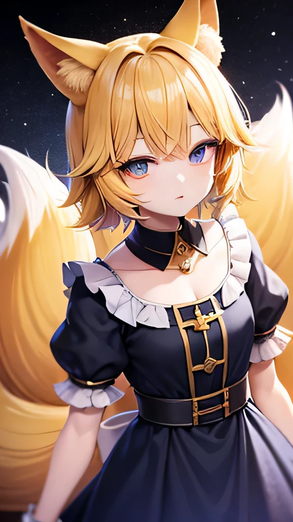 fox beastman、fox ears、fox tail、yellow hair、blue eye、10 years old、white maid outfit、