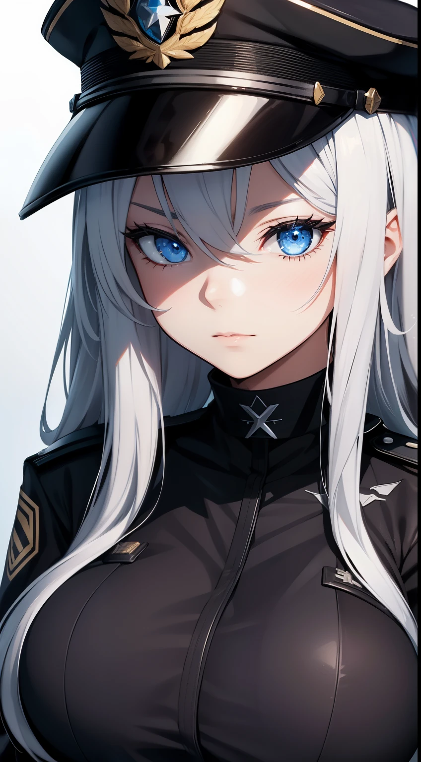 HD, high resolution, anime, waifu, a black closeup of a woman in uniform with hat, frontline girl, huge , Azur runway style, fine details, blue eyes frontline girls, frontline style girls front, white haired deity, Azur Lane characters, big breasts, From the Azur Lane video game, Frontline girls, inspired by Li Chevalier, white hair, long hair, frontline girls, black outfit, Girls Frontline Universe, of arknights, blue eyes, black military hat, black background.