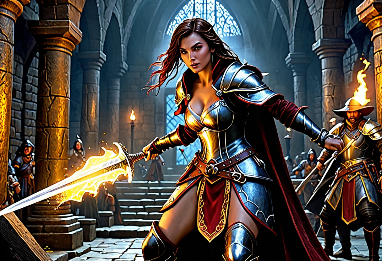 (highres,masterpiece:1.2),ultra-detailed,(realistic,photorealistic,photo-realistic:1.37),female warriors,seductive warriors,beautiful female rogues,rogue battle,sexy females,high-fantasy,Dungeons and Dragons,detailed armor,adventurous women,action-packed scene,elaborate costumes,combat,weaponry,ornate daggers,sorcery,magic spells,tattered cloaks,suspenseful atmosphere,historical setting,epic showdown,dark dungeon,mysterious treasure chest,wealthy merchant's vault,illusionary monster,"mimic" creature,transforming creature,terrifying mimicry,hidden dangers,trapped treasure,deadly combat,heroic poses,high-stakes battle,vivid colors,dramatic lighting,exquisite details,emotional intensity,and stunning visual effects.