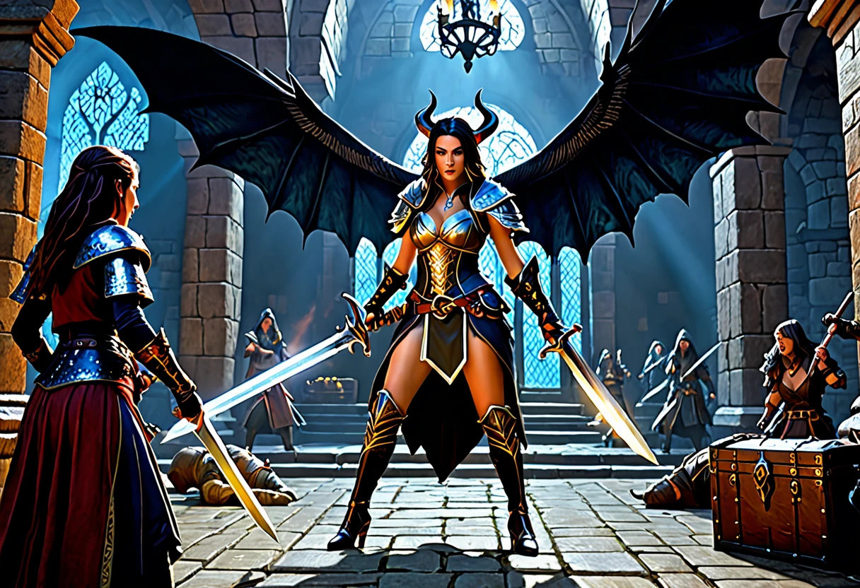 (highres,masterpiece:1.2),ultra-detailed,(realistic,photorealistic,photo-realistic:1.37),female warriors,seductive warriors,beautiful female rogues,rogue battle,sexy females,high-fantasy,Dungeons and Dragons,detailed armor,adventurous women,action-packed scene,elaborate costumes,combat,weaponry,ornate daggers,sorcery,magic spells,tattered cloaks,suspenseful atmosphere,historical setting,epic showdown,dark dungeon,mysterious treasure chest,wealthy merchant's vault,illusionary monster,"mimic" creature,transforming creature,terrifying mimicry,hidden dangers,trapped treasure,deadly combat,heroic poses,high-stakes battle,vivid colors,dramatic lighting,exquisite details,emotional intensity,and stunning visual effects.