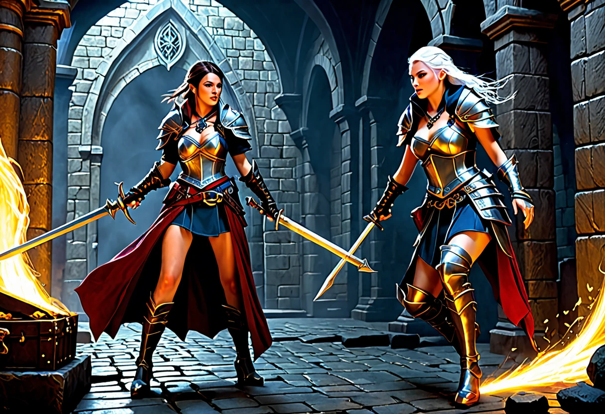 (highres,masterpiece:1.2),ultra-detailed,(realistic,photorealistic,photo-realistic:1.37),female warriors,seductive warriors,beautiful female rogues,rogue battle,sexy females,high-fantasy,Dungeons and Dragons,detailed armor,adventurous women,action-packed scene,elaborate costumes,combat,weaponry,ornate daggers,sorcery,magic spells,tattered cloaks,suspenseful atmosphere,historical setting,epic showdown,dark dungeon,mysterious treasure chest,wealthy merchant's vault,illusionary monster,"mimic" creature,transforming creature,terrifying mimicry,hidden dangers,trapped treasure,deadly combat,heroic poses,high-stakes battle,vivid colors,dramatic lighting,exquisite details,emotional intensity,and stunning visual effects.