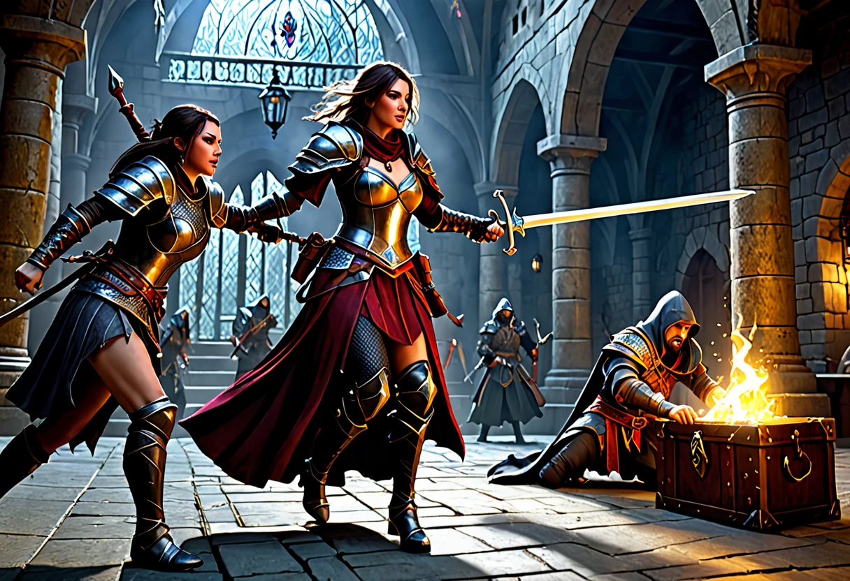 (highres,masterpiece:1.2),ultra-detailed,(realistic,photorealistic,photo-realistic:1.37),female warriors,seductive warriors,beautiful female rogues,rogue battle,sexy females,high-fantasy,Dungeons and Dragons,detailed armor,adventurous women,action-packed scene,elaborate costumes,combat,weaponry,ornate daggers,sorcery,magic spells,tattered cloaks,suspenseful atmosphere,historical setting,epic showdown,dark dungeon,mysterious treasure chest,wealthy merchant's vault,illusionary monster,"mimic" creature,transforming creature,terrifying mimicry,hidden dangers,trapped treasure,deadly combat,heroic poses,high-stakes battle,vivid colors,dramatic lighting,exquisite details,emotional intensity,and stunning visual effects.