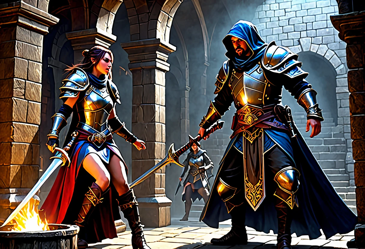 (highres,masterpiece:1.2),ultra-detailed,(realistic,photorealistic,photo-realistic:1.37),female warriors,seductive warriors,beautiful female rogues,rogue battle,sexy females,high-fantasy,Dungeons and Dragons,detailed armor,adventurous women,action-packed scene,elaborate costumes,combat,weaponry,ornate daggers,sorcery,magic spells,tattered cloaks,suspenseful atmosphere,historical setting,epic showdown,dark dungeon,mysterious treasure chest,wealthy merchant's vault,illusionary monster,"mimic" creature,transforming creature,terrifying mimicry,hidden dangers,trapped treasure,deadly combat,heroic poses,high-stakes battle,vivid colors,dramatic lighting,exquisite details,emotional intensity,and stunning visual effects.