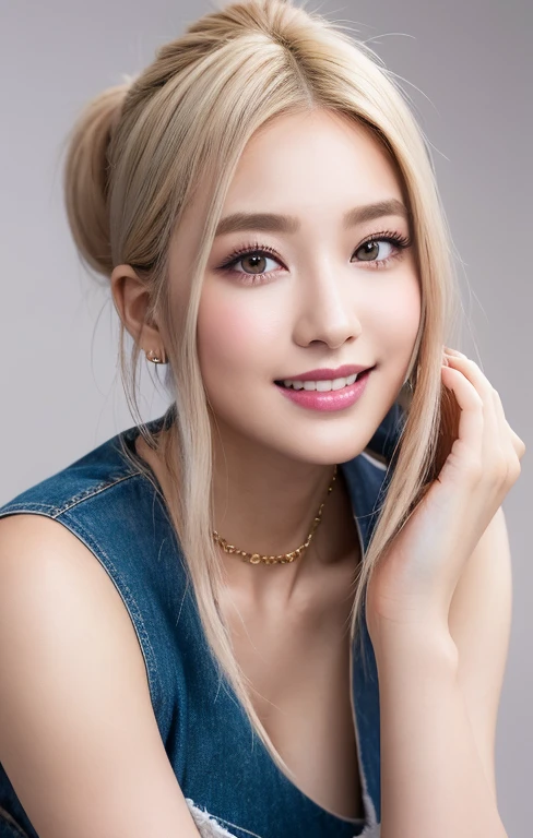 a close up of a realistic person with shoulder length hair wearing a short denim overall and a off shoulder oversized iridescent gold glitter sweater, her hair is white, Parted bangs, braid on top of hair, high ponytail, Long sideburns, with white long hair, with long white hair, her hair is silver, light gray long hair, long hair with pastel colors, sky blue straight hair, with long turquoise hair, light blue hair, white hair color, white beautiful hair, ((greenish blue tones)), big happy smile with theeth, Makeup with jucy red lips, rosy checks, smoky eyeshadow, winged eyeliner (sexy purple, pink and magenta makeup:1.3), vintage earrings up to the shoulders, Layered bracelets, statement necklace, Best picture quality, masterpiece, ultra high resolution, 8k, cleavage, big , bust detail, hair detail, eye detail, sharp eyes, thin smile, professional lighting