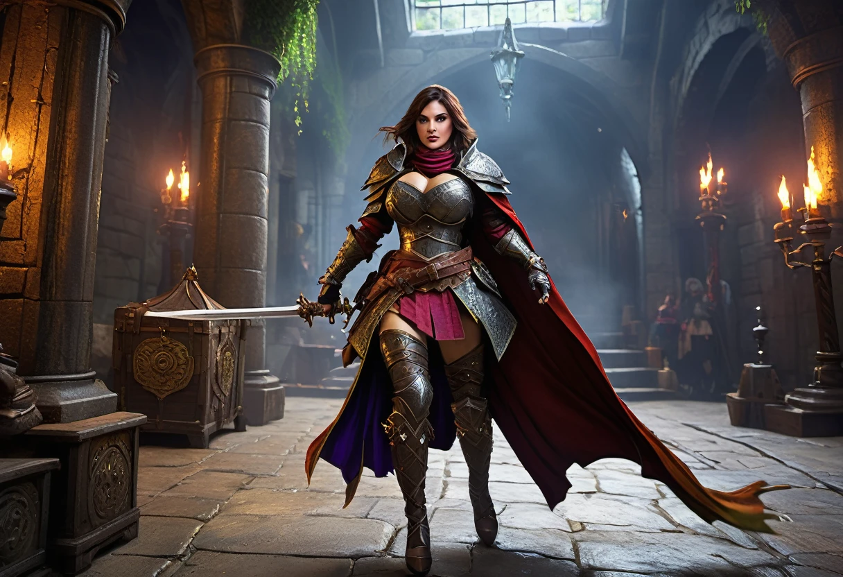 (highres,masterpiece:1.2),ultra-detailed,(realistic,photorealistic,photo-realistic:1.37),female warriors,seductive warriors,beautiful female rogues,rogue battle,sexy females,high-fantasy,Dungeons and Dragons,detailed armor,adventurous women,action-packed scene,elaborate costumes,combat,weaponry,ornate daggers,sorcery,magic spells,tattered cloaks,suspenseful atmosphere,historical setting,epic showdown,dark dungeon,mysterious treasure chest,wealthy merchant's vault,illusionary monster,"mimic" creature,transforming creature,terrifying mimicry,hidden dangers,trapped treasure,deadly combat,heroic poses,high-stakes battle,vivid colors,dramatic lighting,exquisite details,emotional intensity,and stunning visual effects.
