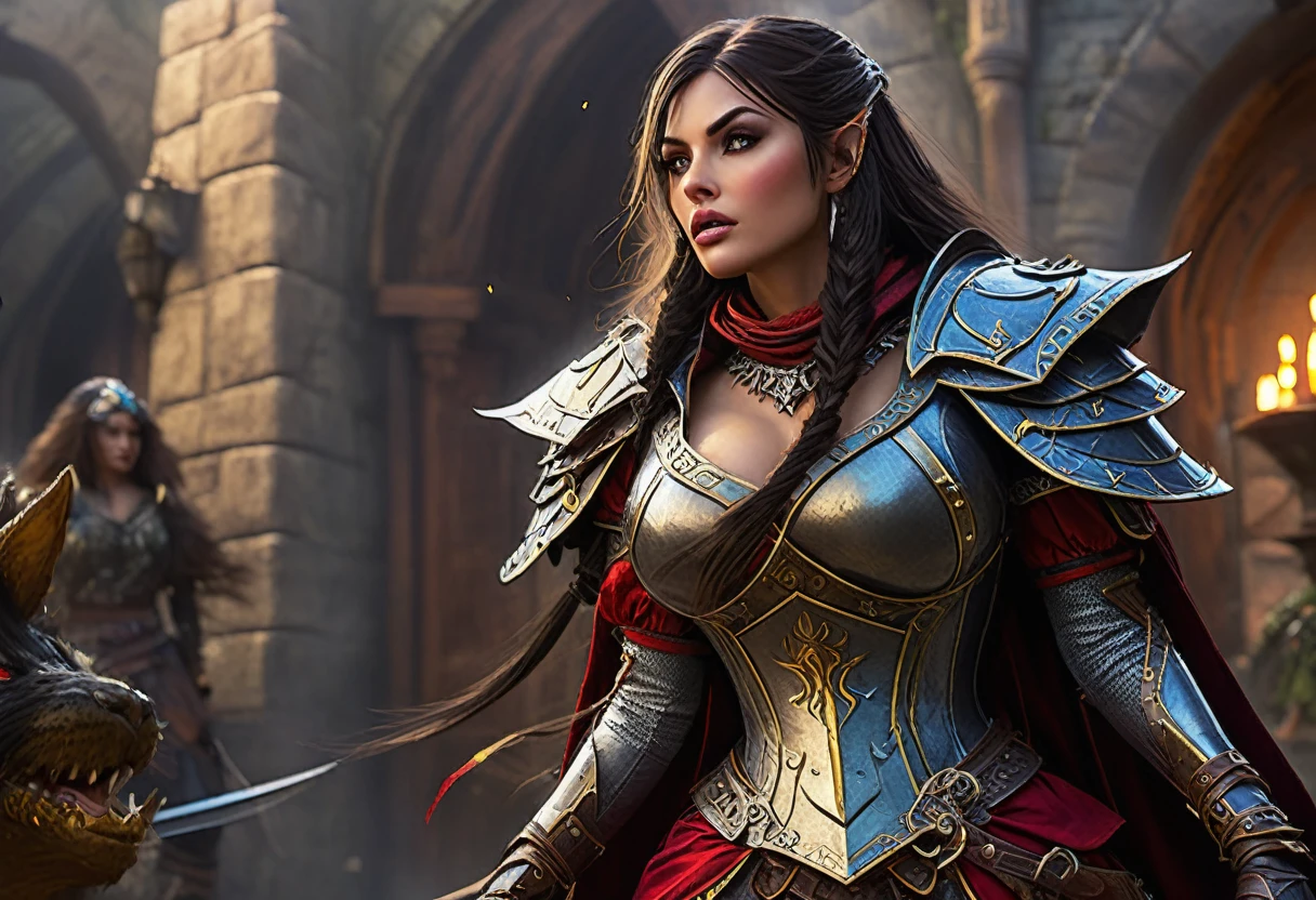 (highres,masterpiece:1.2),ultra-detailed,(realistic,photorealistic,photo-realistic:1.37),female warriors,seductive warriors,beautiful female rogues,rogue battle,sexy females,high-fantasy,Dungeons and Dragons,detailed armor,adventurous women,action-packed scene,elaborate costumes,combat,weaponry,ornate daggers,sorcery,magic spells,tattered cloaks,suspenseful atmosphere,historical setting,epic showdown,dark dungeon,mysterious treasure chest,wealthy merchant's vault,illusionary monster,"mimic" creature,transforming creature,terrifying mimicry,hidden dangers,trapped treasure,deadly combat,heroic poses,high-stakes battle,vivid colors,dramatic lighting,exquisite details,emotional intensity,and stunning visual effects.