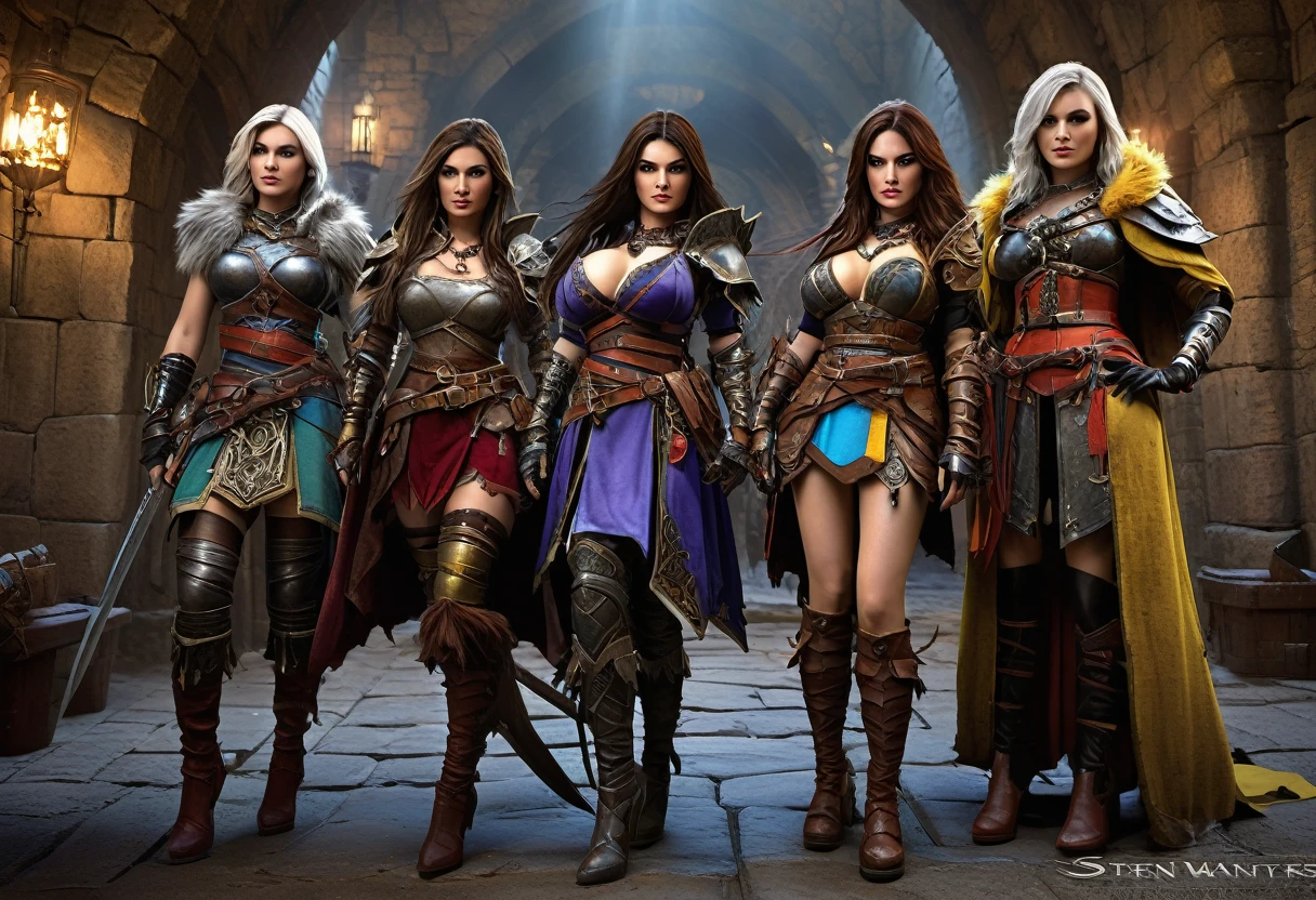 (highres,masterpiece:1.2),ultra-detailed,(realistic,photorealistic,photo-realistic:1.37),female warriors,seductive warriors,beautiful female rogues,rogue battle,sexy females,high-fantasy,Dungeons and Dragons,detailed armor,adventurous women,action-packed scene,elaborate costumes,combat,weaponry,ornate daggers,sorcery,magic spells,tattered cloaks,suspenseful atmosphere,historical setting,epic showdown,dark dungeon,mysterious treasure chest,wealthy merchant's vault,illusionary monster,"mimic" creature,transforming creature,terrifying mimicry,hidden dangers,trapped treasure,deadly combat,heroic poses,high-stakes battle,vivid colors,dramatic lighting,exquisite details,emotional intensity,and stunning visual effects.