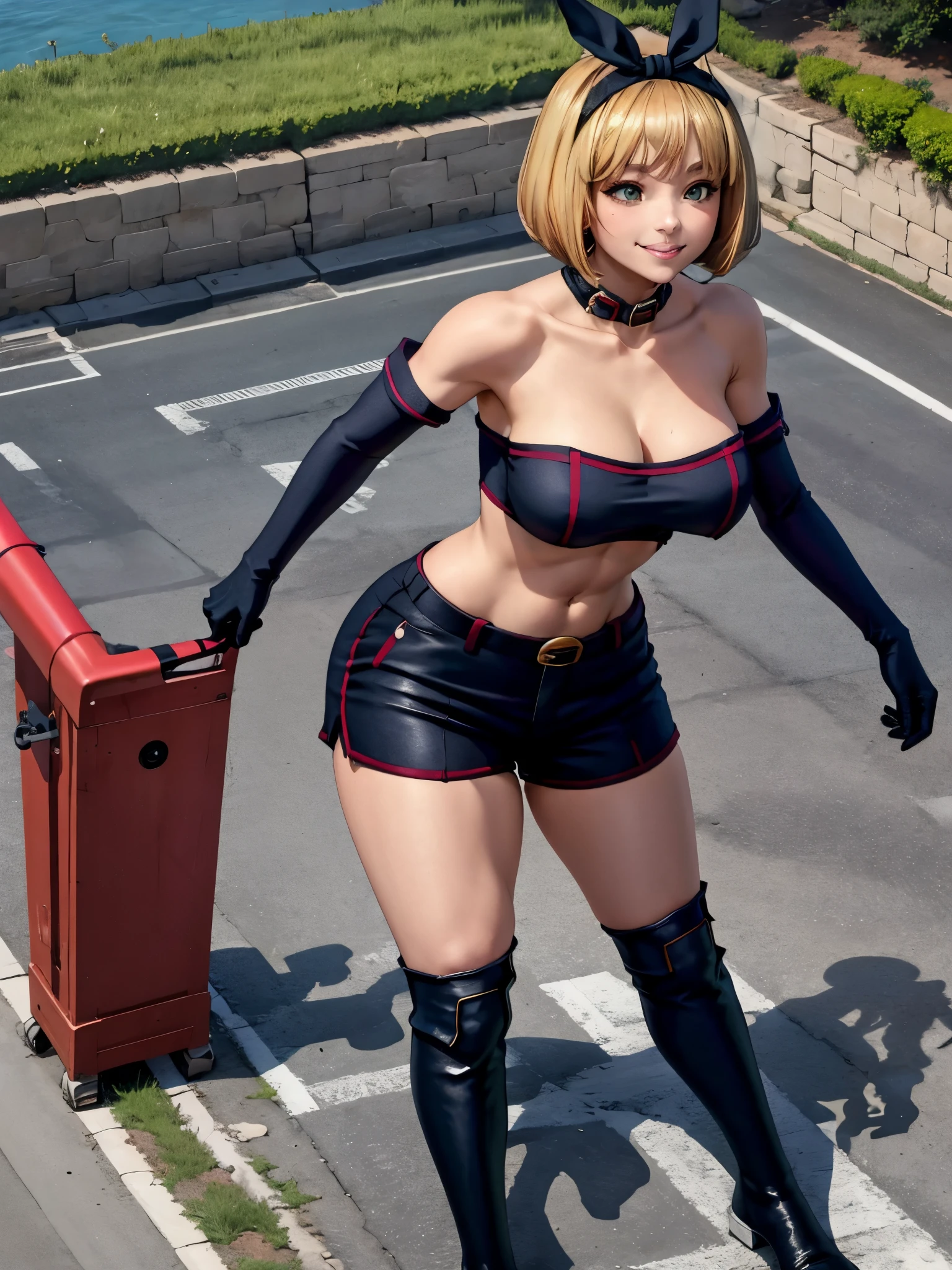 masterpiece, best quality, nonsense, 1girl, solo, giantess, very big, ShushuSuruga, bob cut, black hairband, midriff, neckline, elbow gloves, strapless, black shorts, knee high boots, outdoors, standing, smile, walking