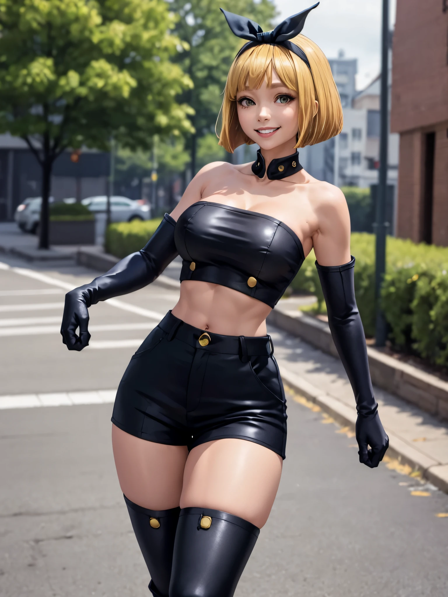 masterpiece, best quality, nonsense, 1girl, solo, ShushuSuruga, bob cut, black hairband, midriff, neckline, elbow gloves, strapless, black shorts, knee high boots, outdoors, standing, smile, 