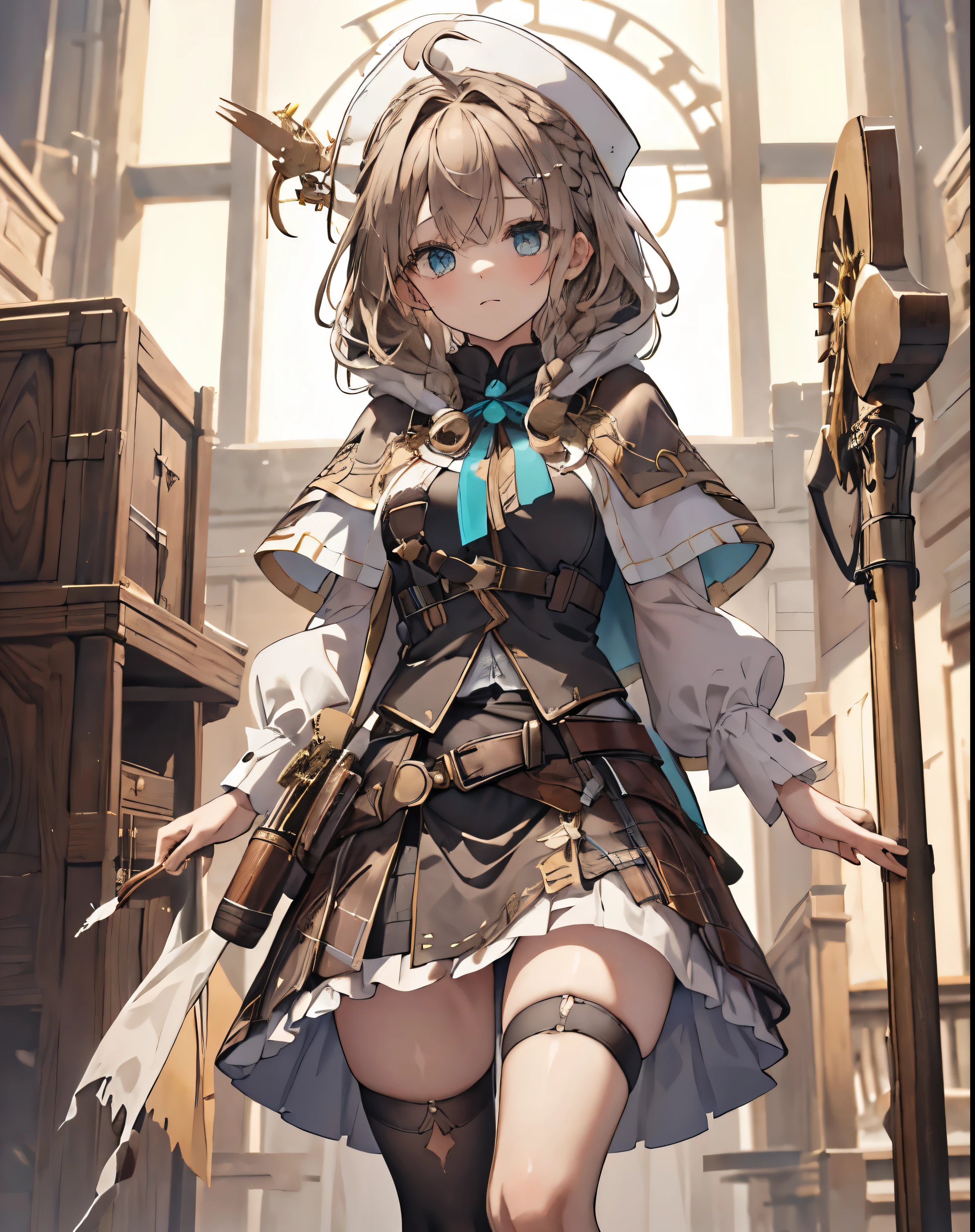 masterpiece, 1girl, sparrow, a brown haired girl, wearing a white medieval priestess clothes, curly medium hair, messy hair, slim body, wearing golden capelet with hoody, he close her left eye, shirt ornament, aqua eyes, sho show her back, ahoge, black vest, baby face, big breast, beautiful breasts, rounded breasts, braid hair, mitre cap, long sleeves, beautiful eyes, white stocking, droopy eyes, miniskirt, brown skirt, plaid skirt, she is piss on the bed, her age is 19 years old, mitre, black mitre