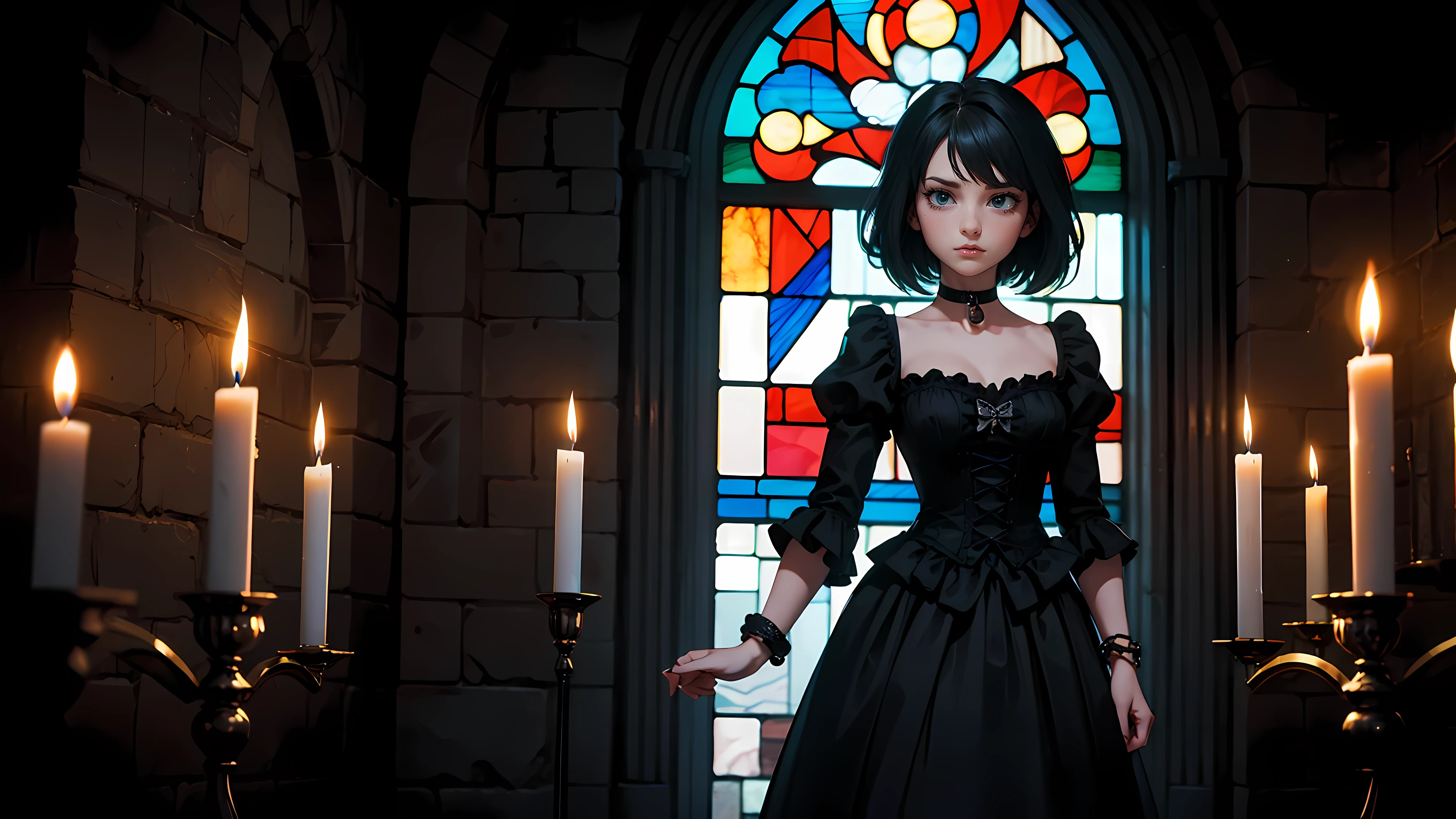 ((1girl)), short black hair, choker collar, bracelets, Victorian style long black dress, standing, cowboy shot, dramatic pose, gothic mansion, stained glass window, night, nighttime, candles, candlelight, dramatic lighting, cinematic lighting, 