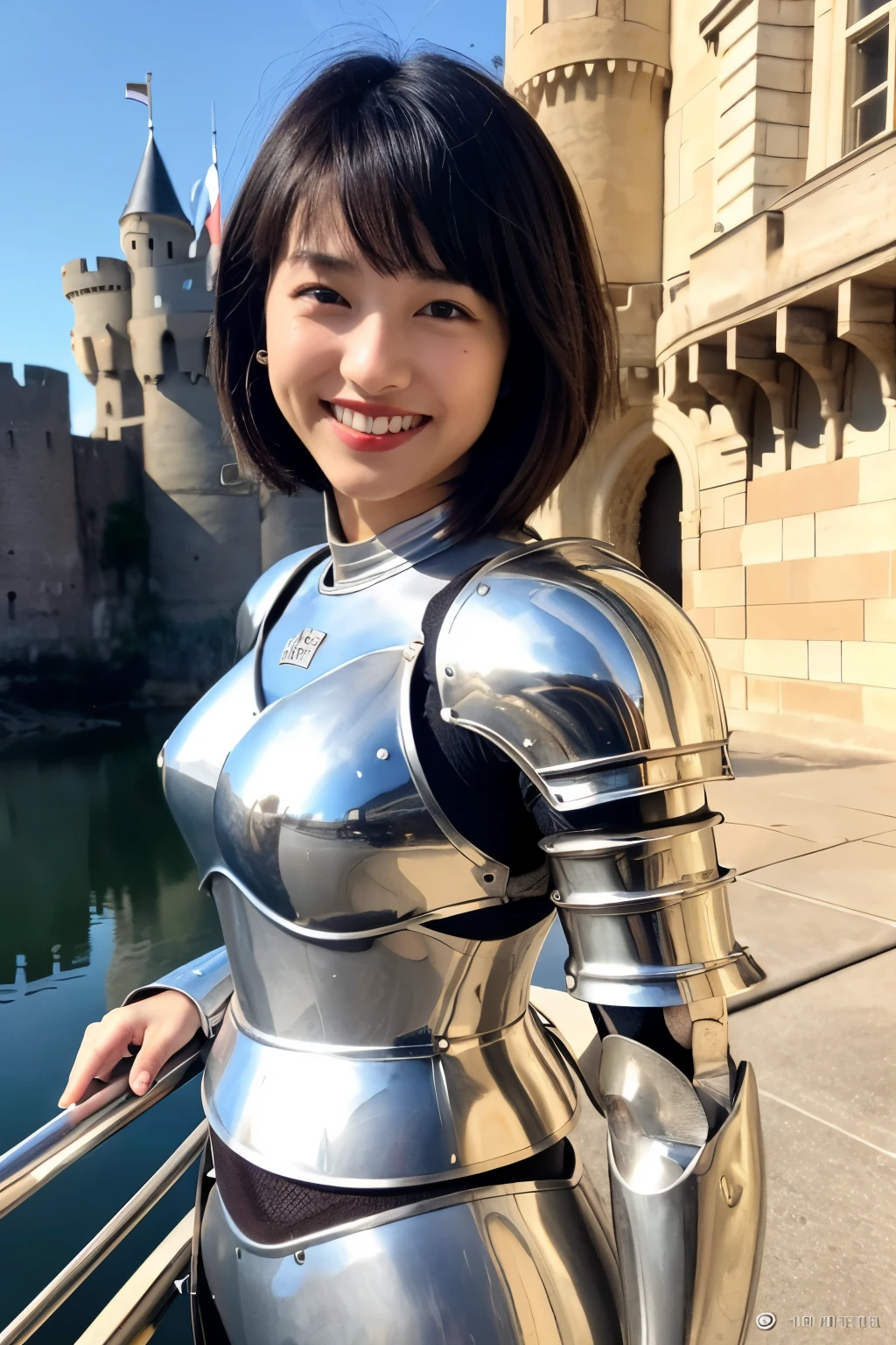 8K、highest quality、female knight、The background is a castle、luxurious silver armor、heavy equipment、black hair、hairstyle short cut、smile、beautiful teeth、full body photo、ear piercing)), (