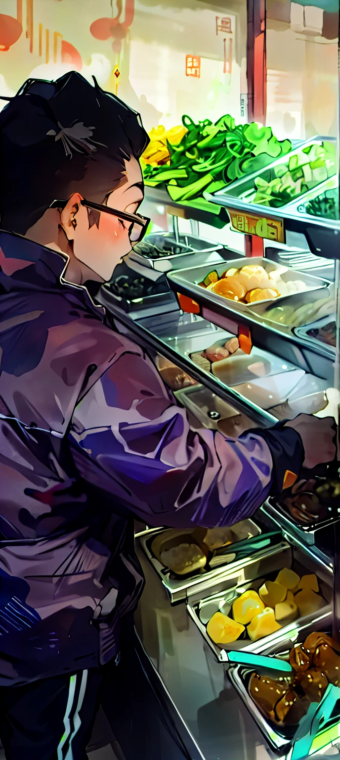 There is a man standing in front of the buffet, Chinese food stalls, 手放over the counter上, 4 0 9 6, sell his goods, over the counter, tasty, low quality video, hua cheng, Contest winning, nanquan, trend ，, with street food stalls, longque chen, Inspired by Guo Chun, Instagram Stories, low quality footage